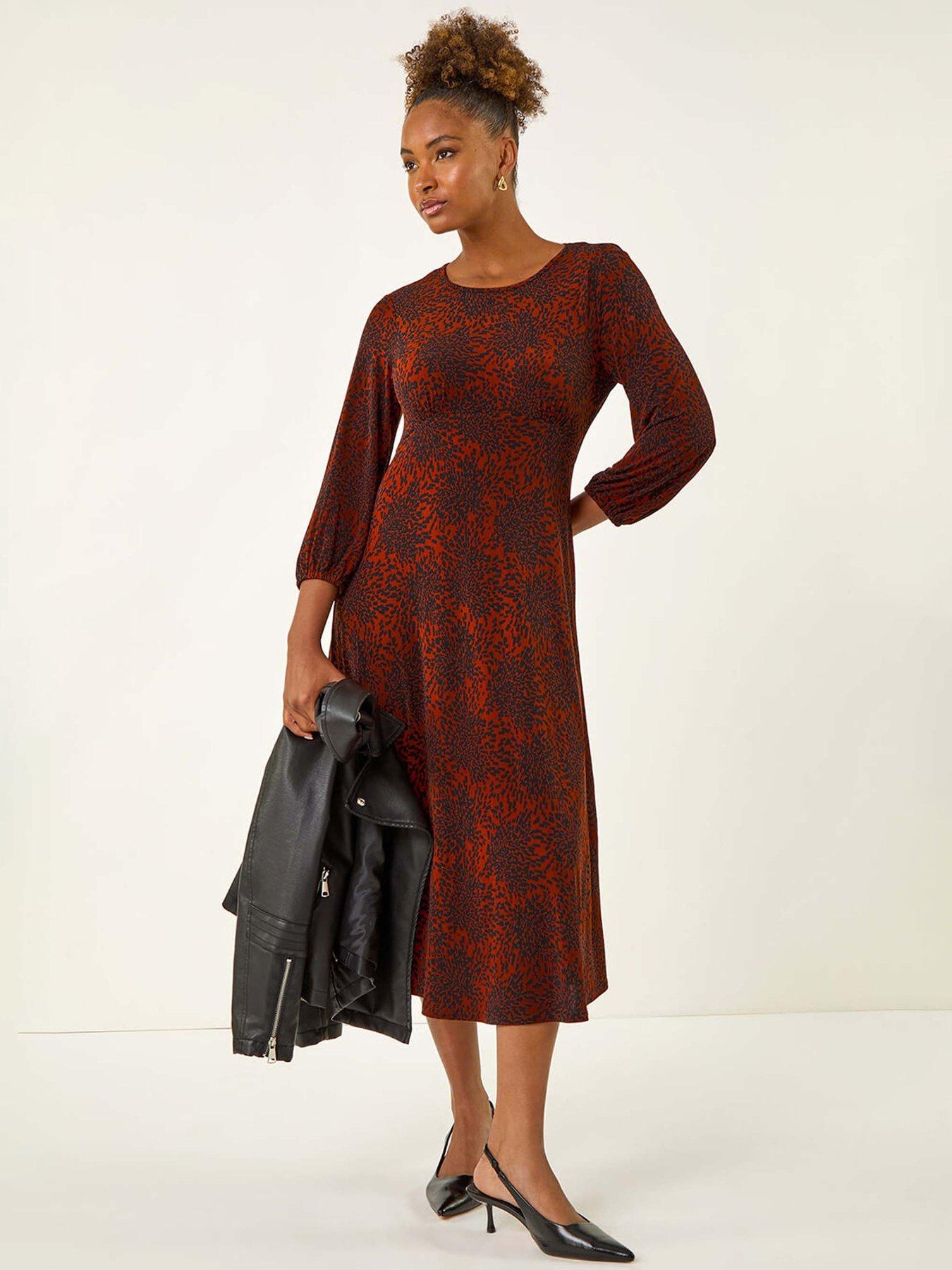 Roman Speckled A-line Stretch Midi Dress - Orange