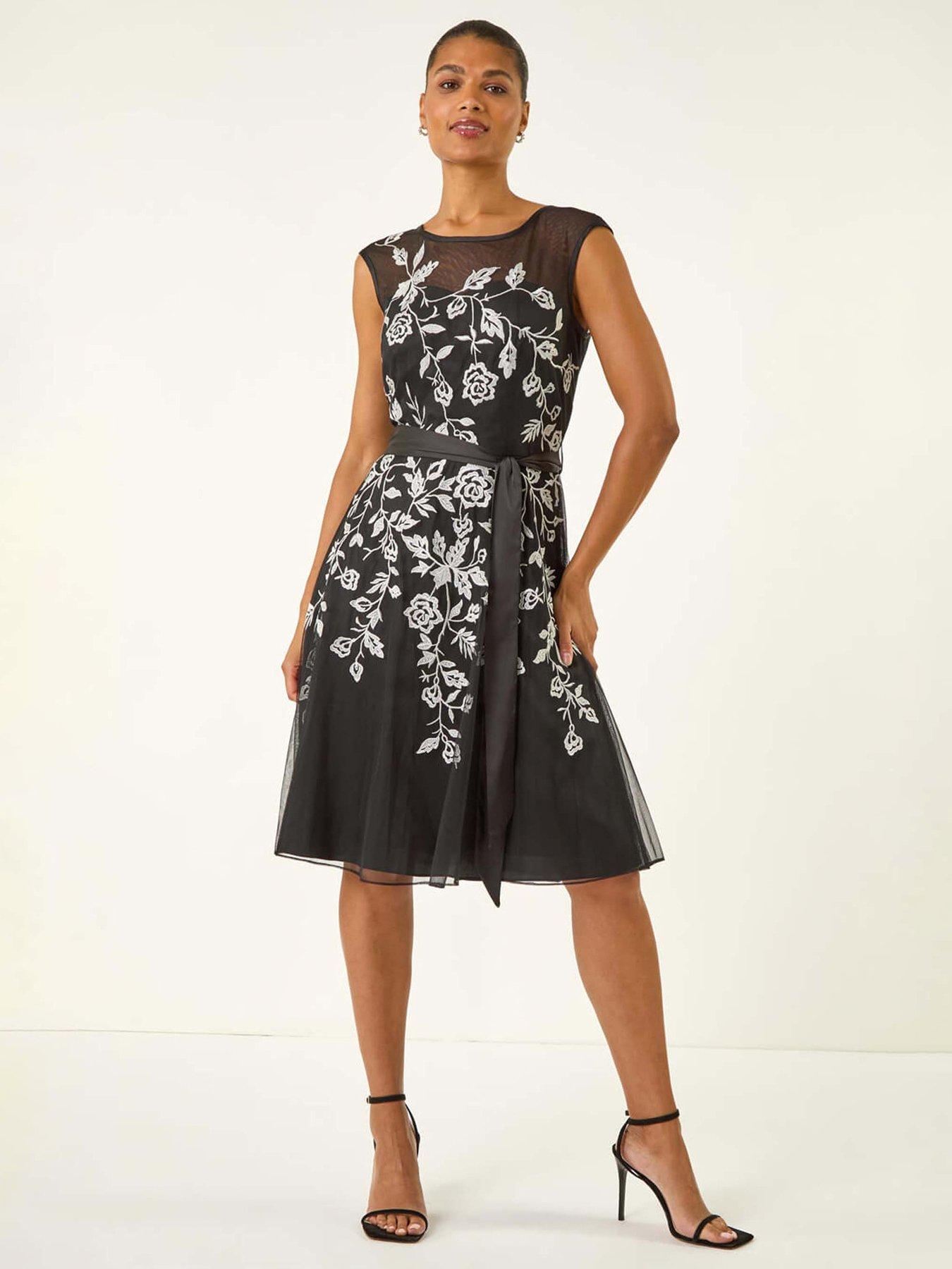 Roman Embroidered Tie Waist Midi Dress - Black