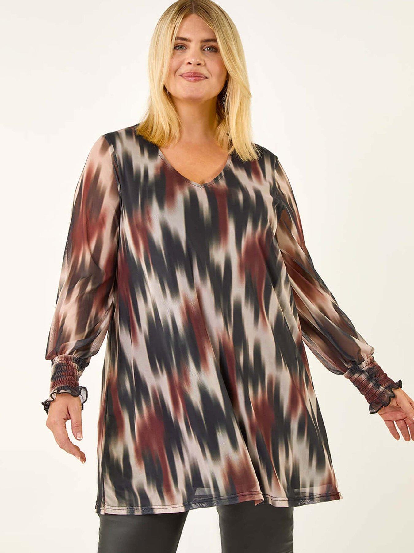 Roman Curve Abstract Print Mesh Top - Brown