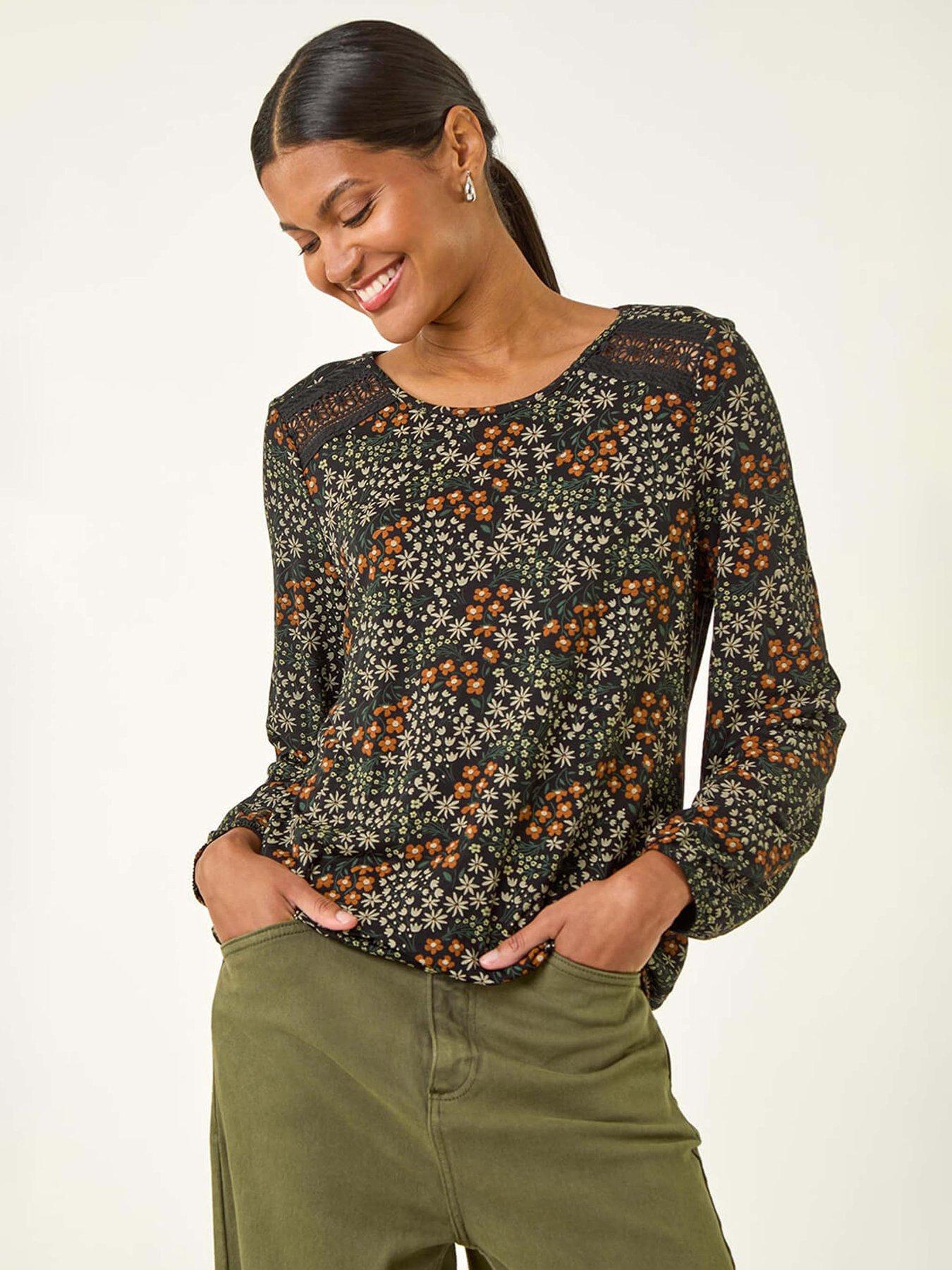 undefined Printed Lace Stretch Top - Green