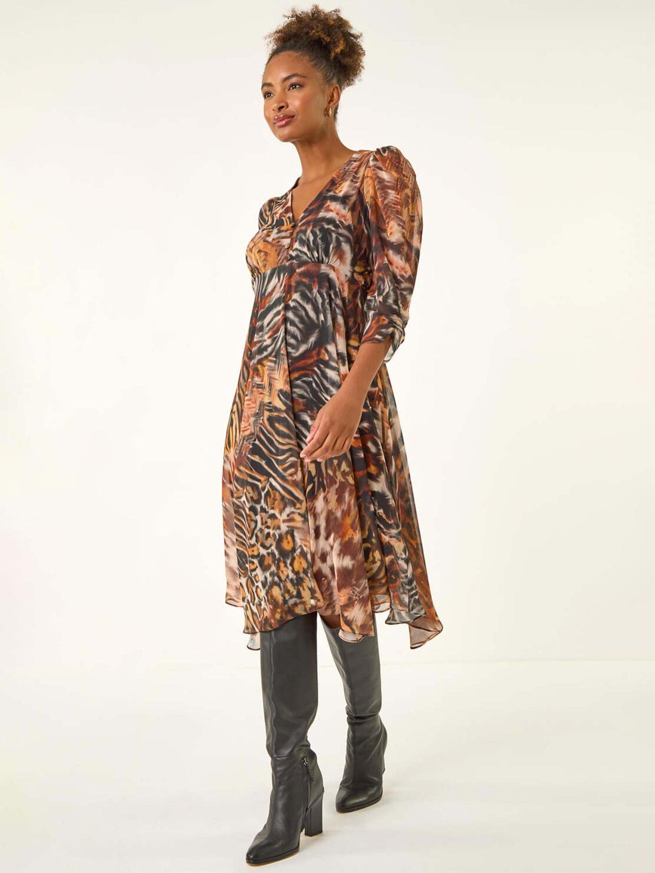 undefined Animal Print Hanky Hem Dress - Brown