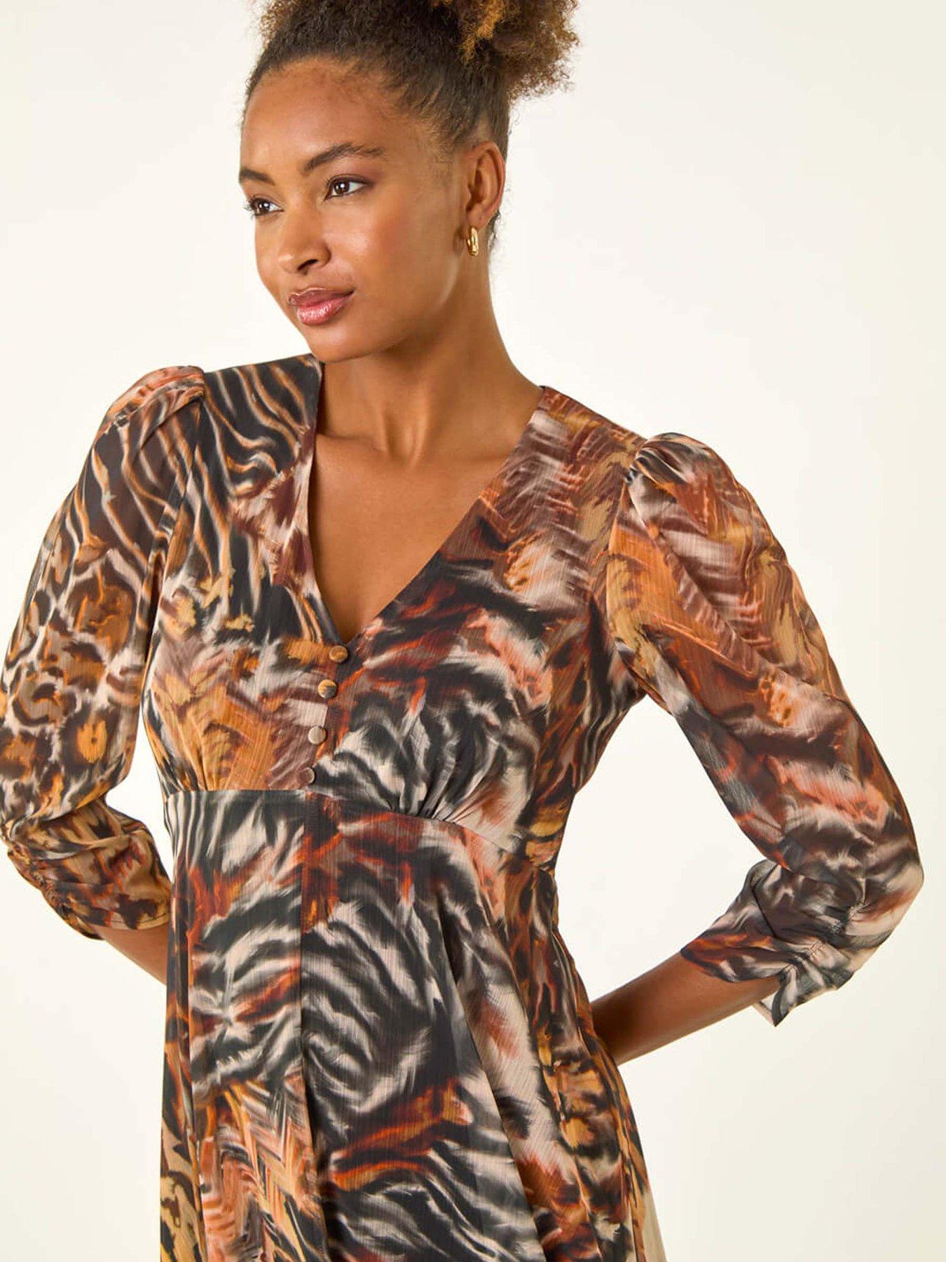 Image 4 of 5 of Roman Animal Print Hanky Hem Dress - Brown