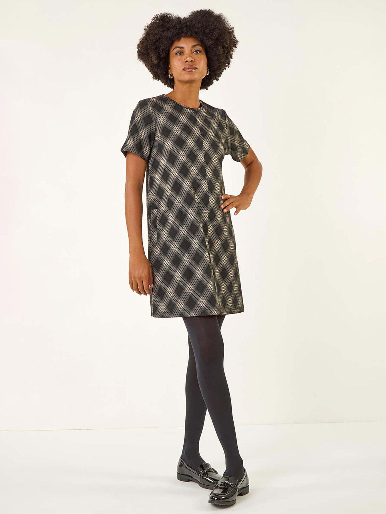 Image 3 of 5 of Roman Check Print T-shirt Stretch Dress - Grey