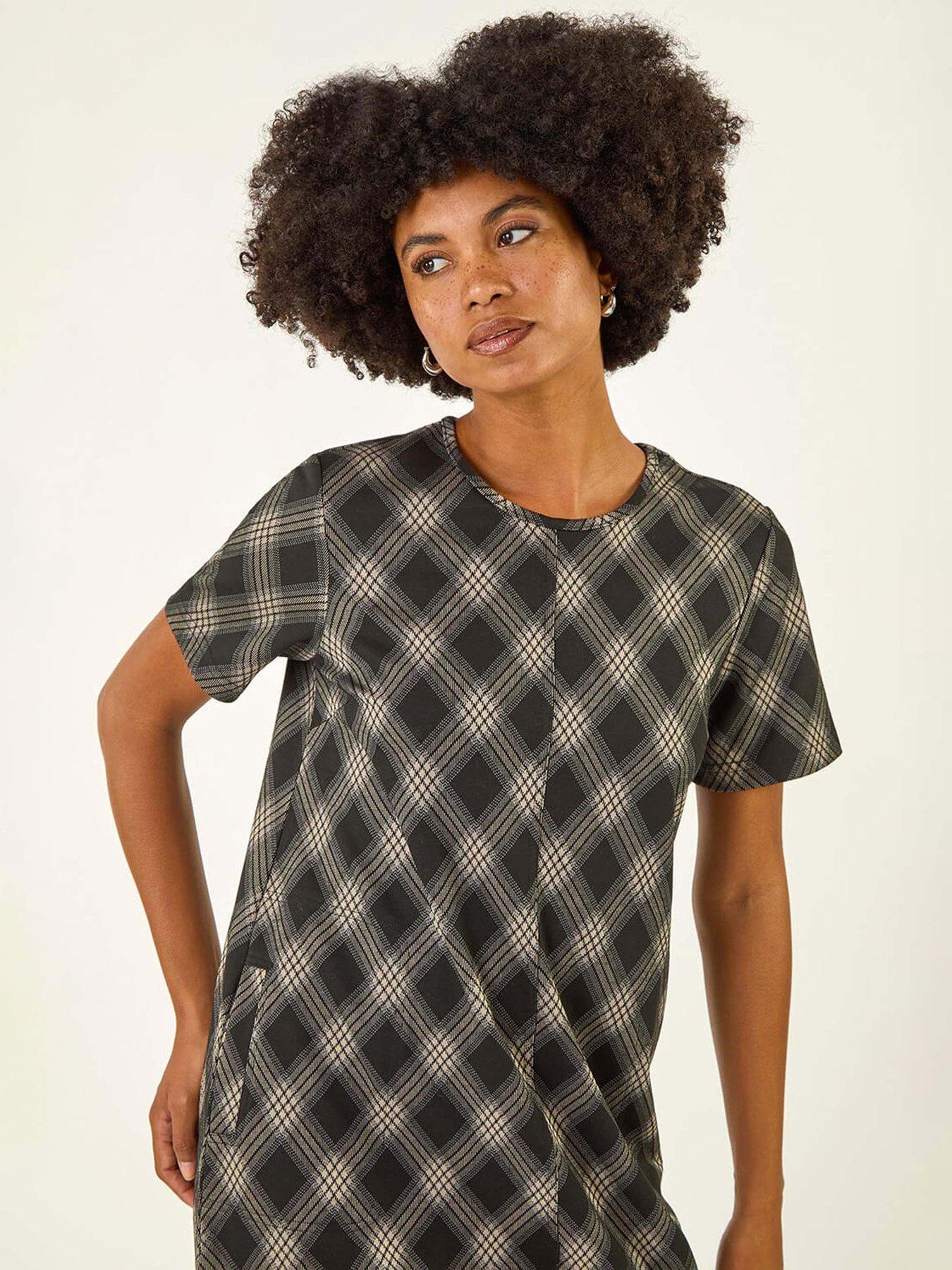 Image 4 of 5 of Roman Check Print T-shirt Stretch Dress - Grey
