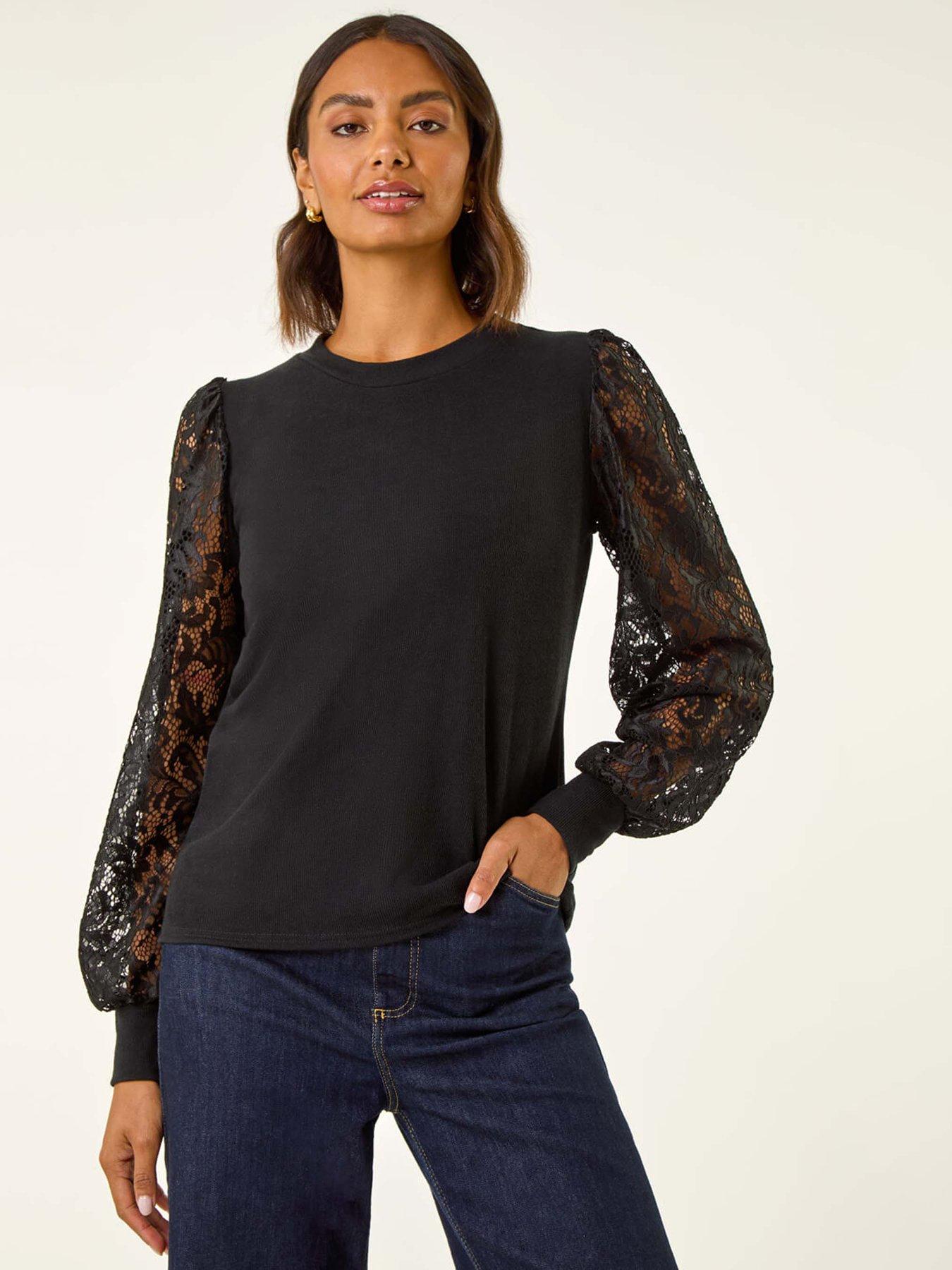 Roman Lace Sleeve Detail Stretch Top - Black