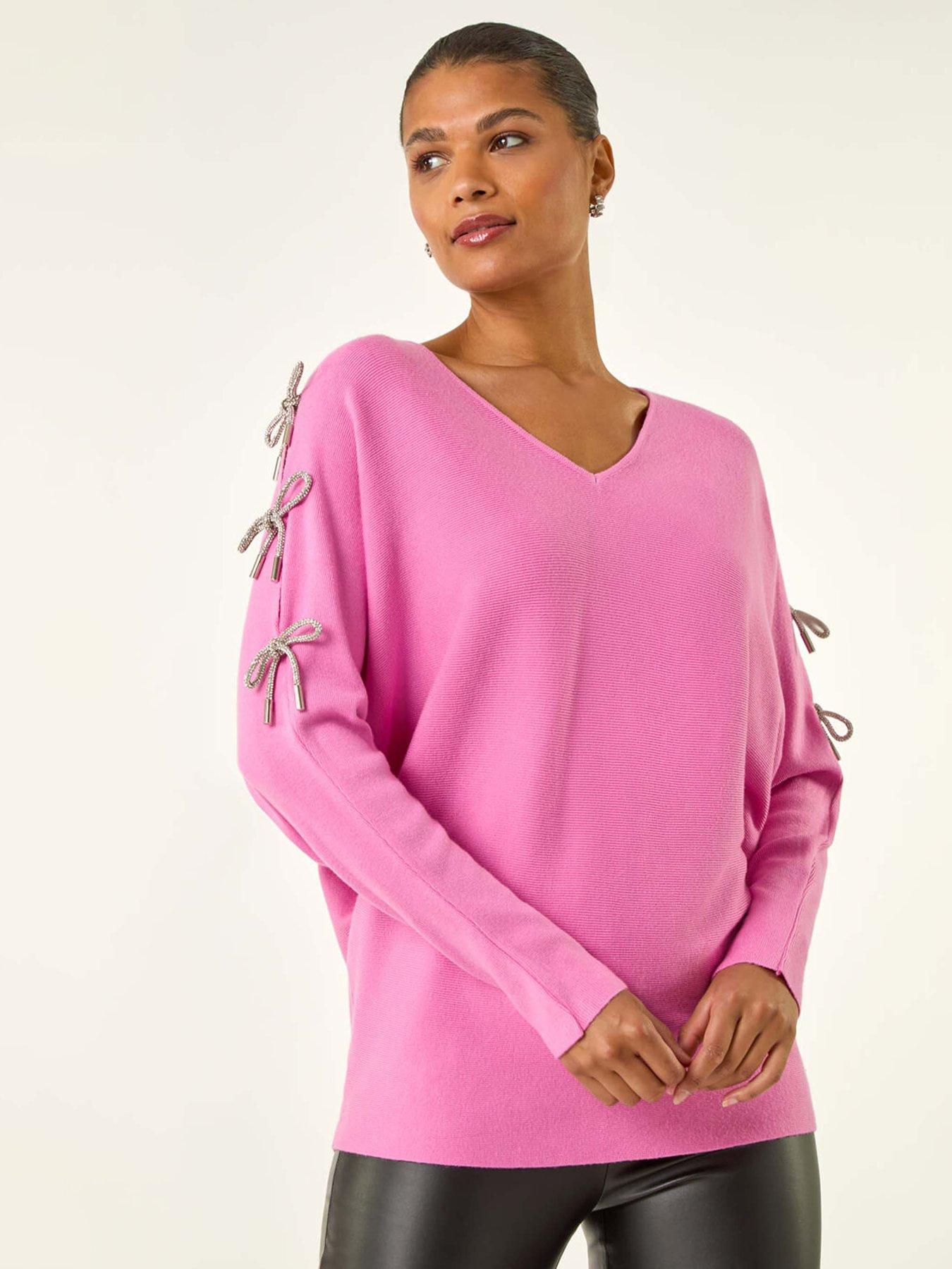 undefined Bow Sleeve V-neck Knit Poncho - Pink