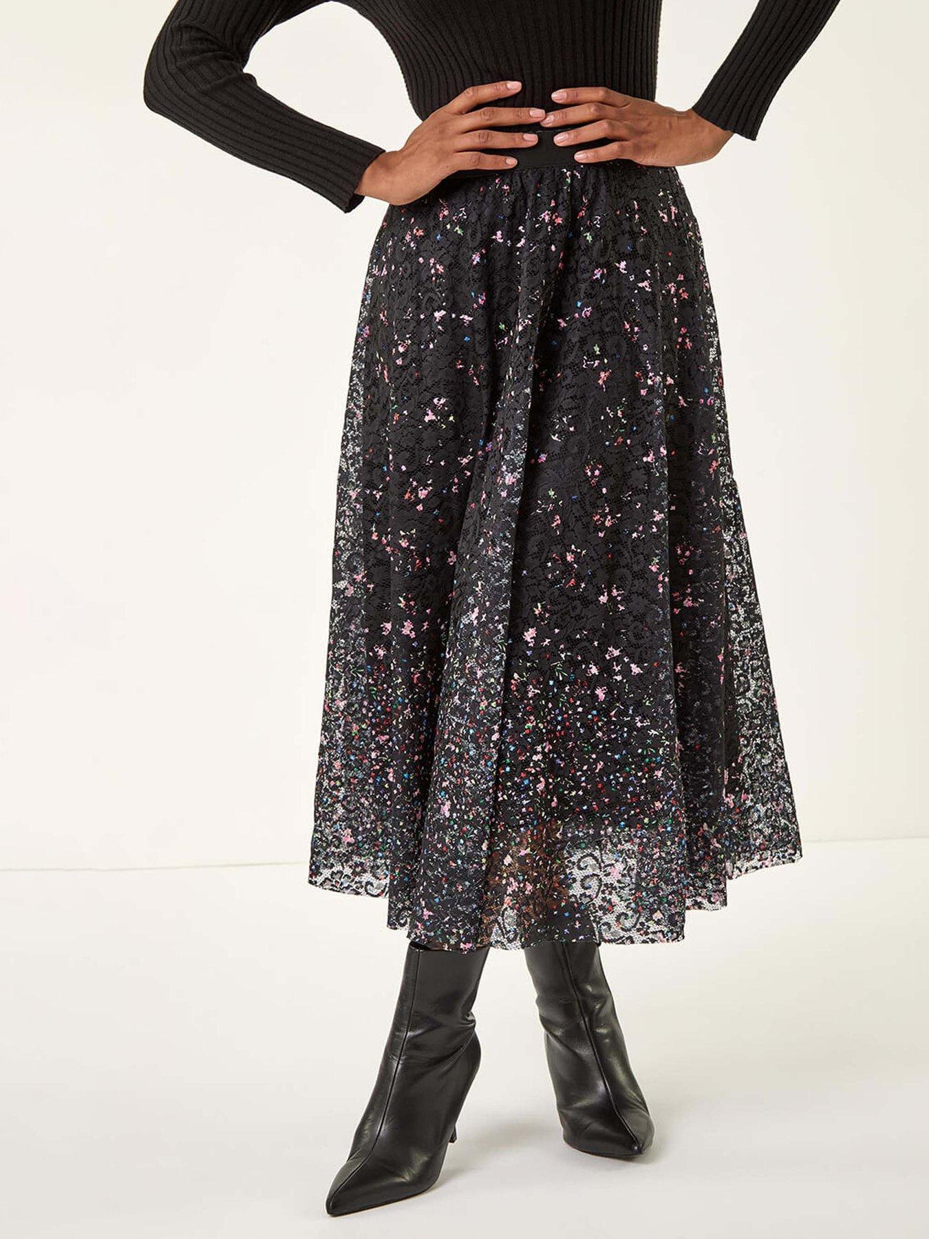 Roman Printed Lace Overlay Skirt - Black