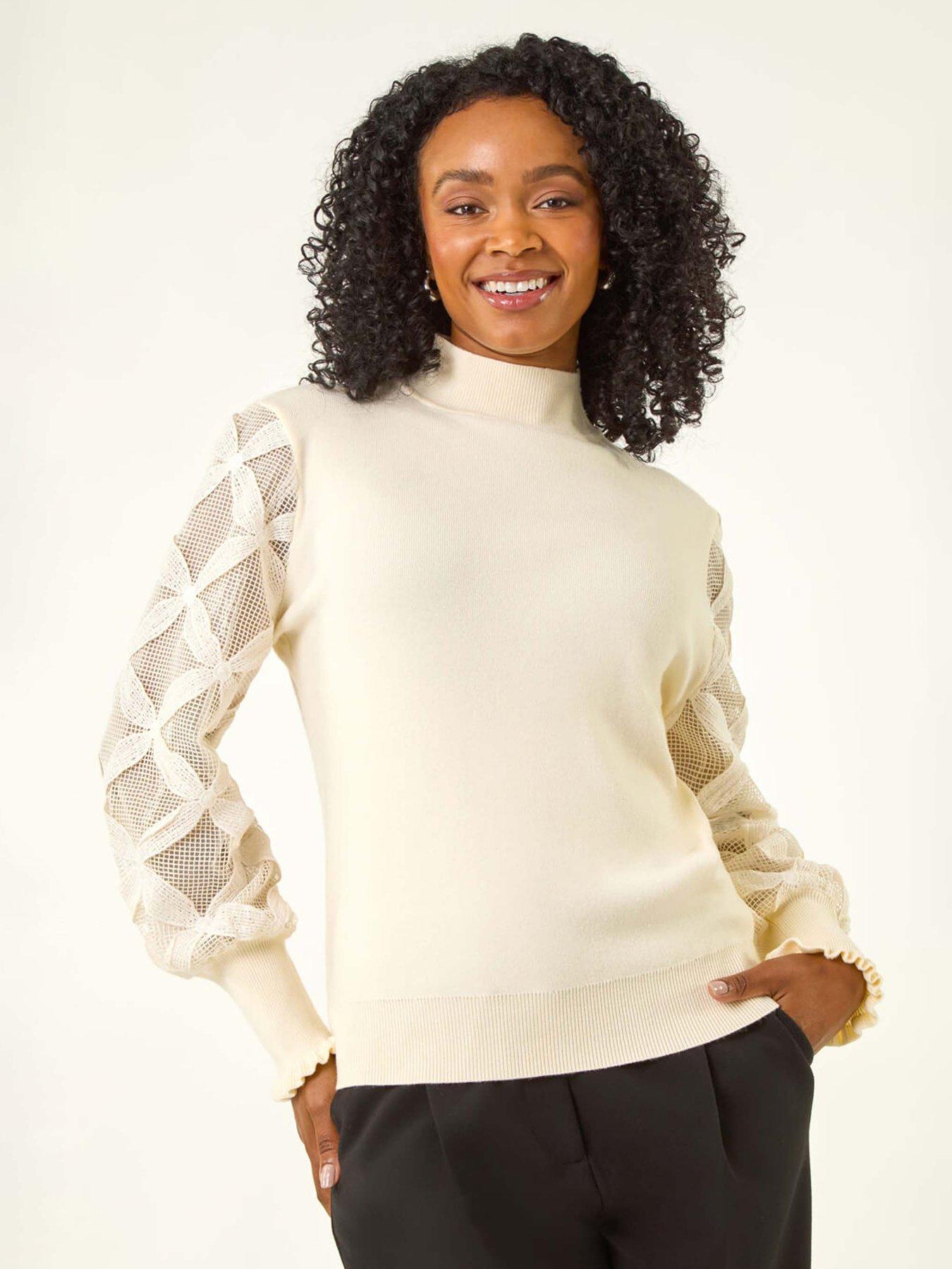 undefined Petite Lace Sleeve Knit Jumper - White