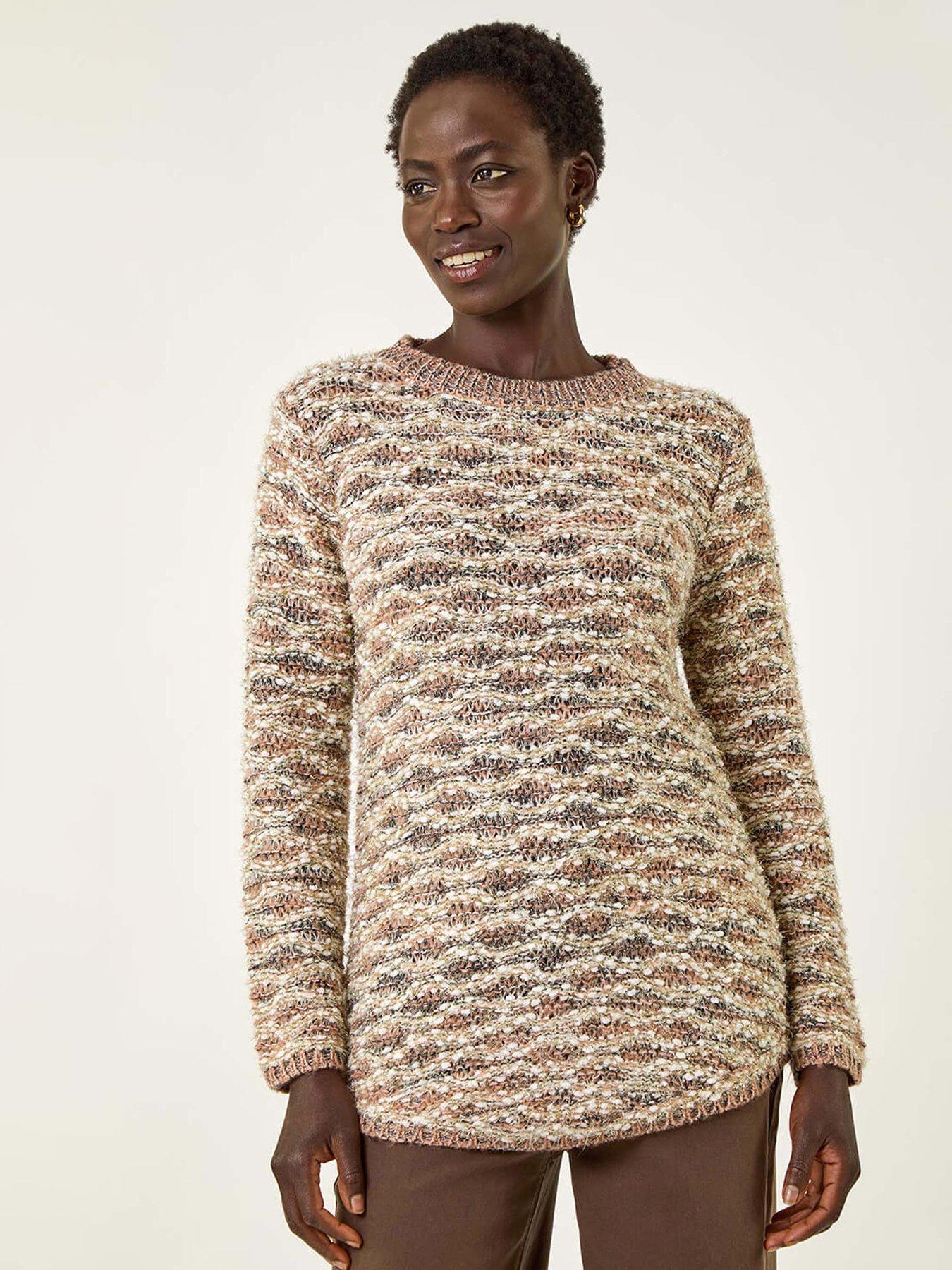 Roman Metallic Curved Hem Knit Jumper - Beige