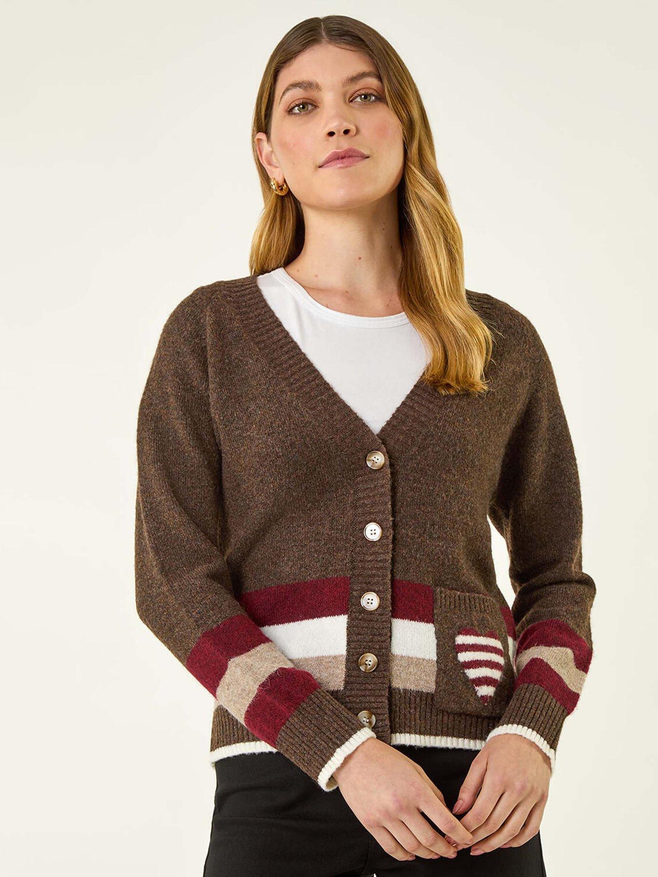 Roman Striped Heart Knit Cardigan - Brown