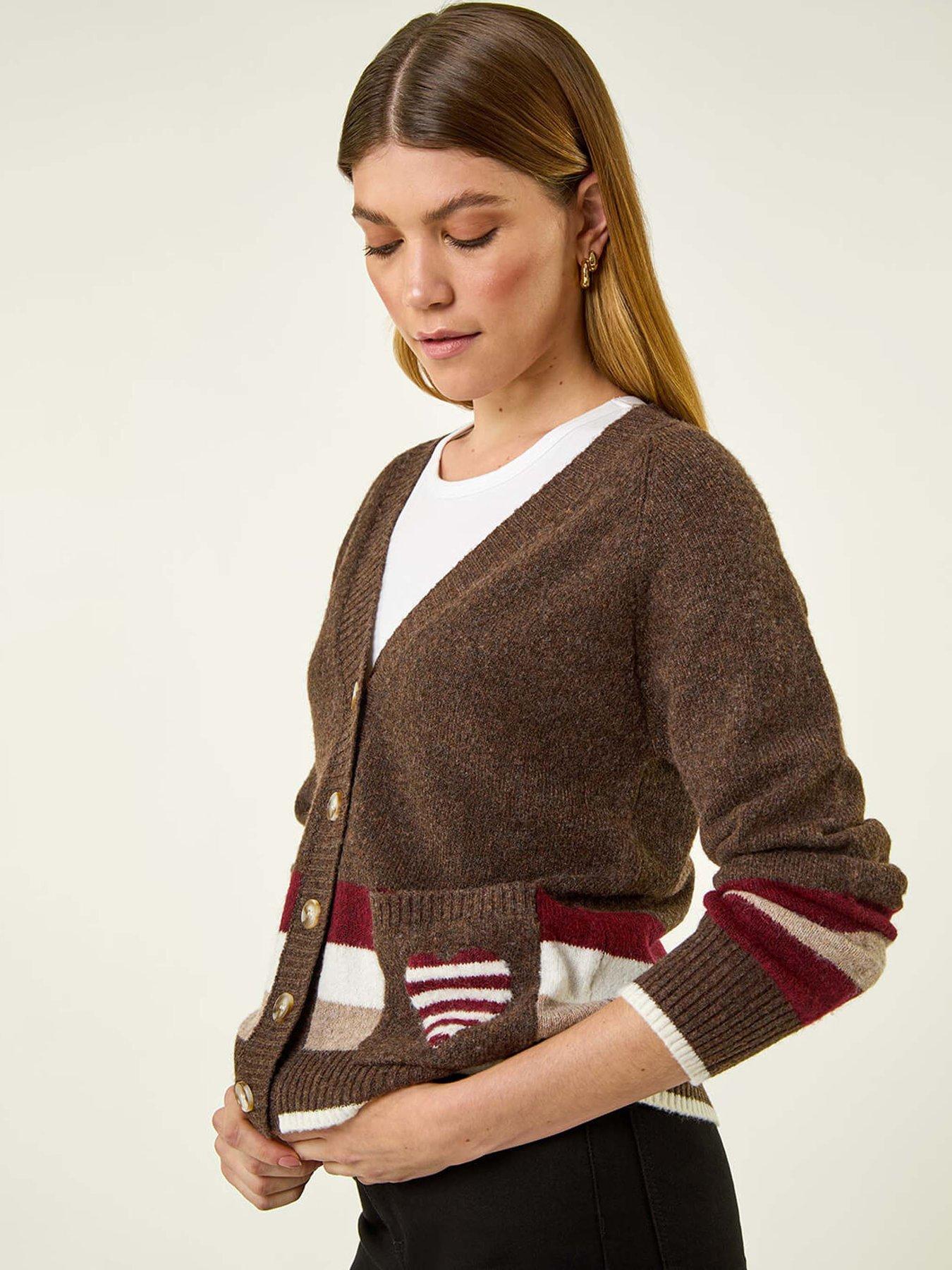  image of roman-striped-heart-knit-cardigan-brown