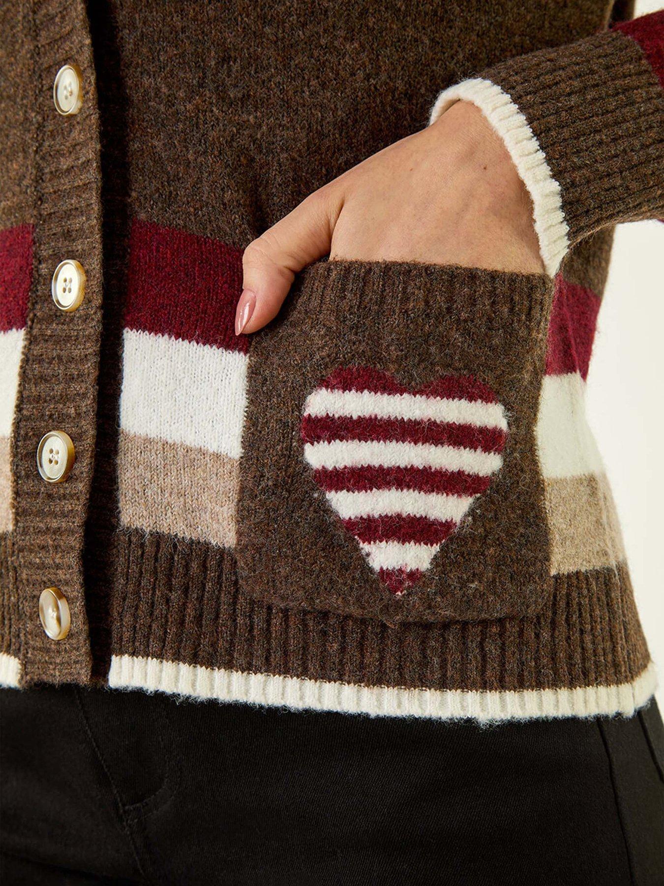  image of roman-striped-heart-knit-cardigan-brown