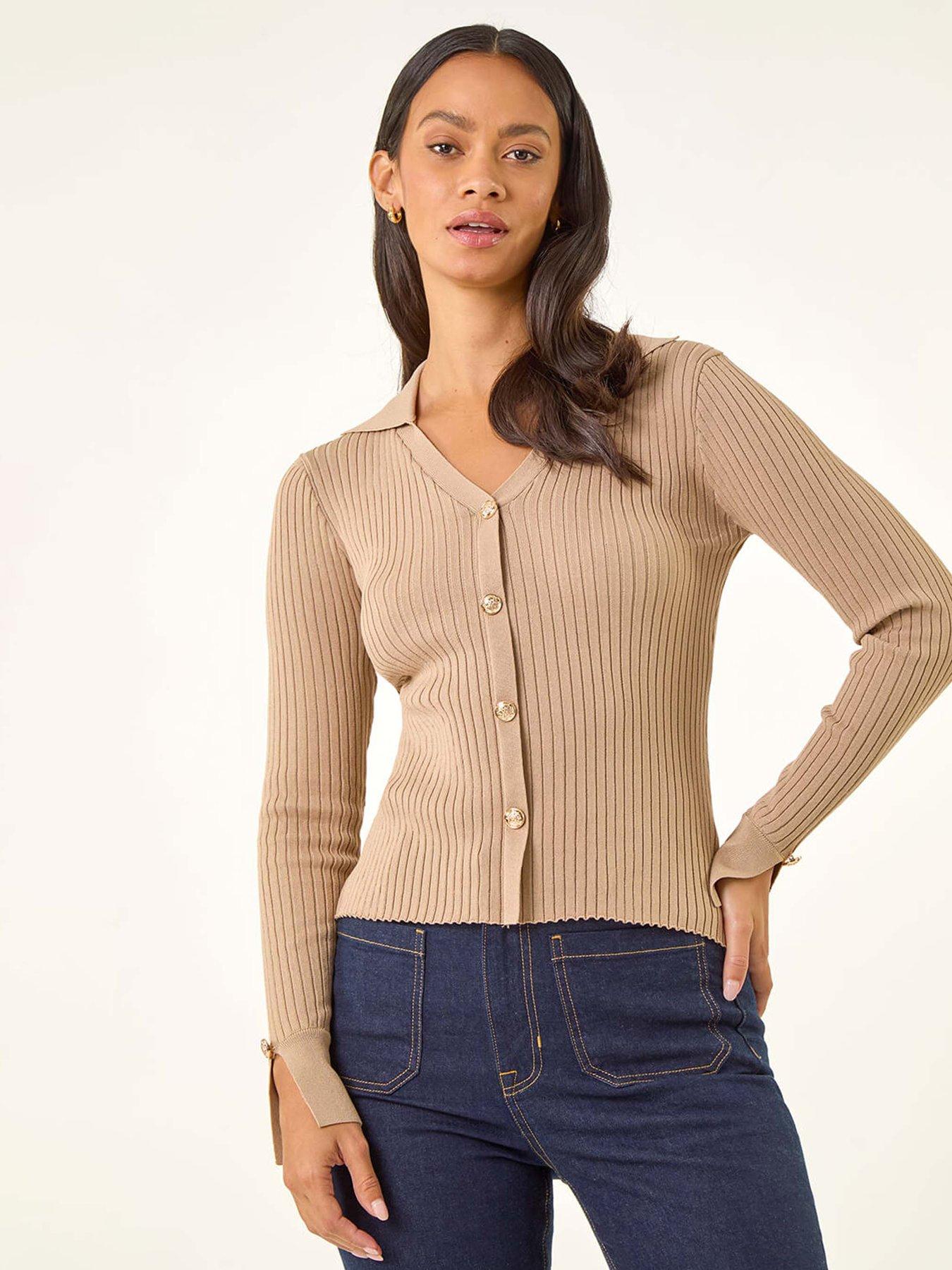 Roman Dusk Collared V-neck Knit Top - Beige