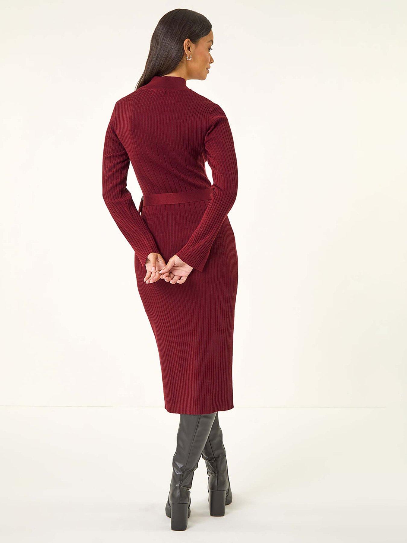  image of roman-dusk-knitted-buckle-midi-dress-red
