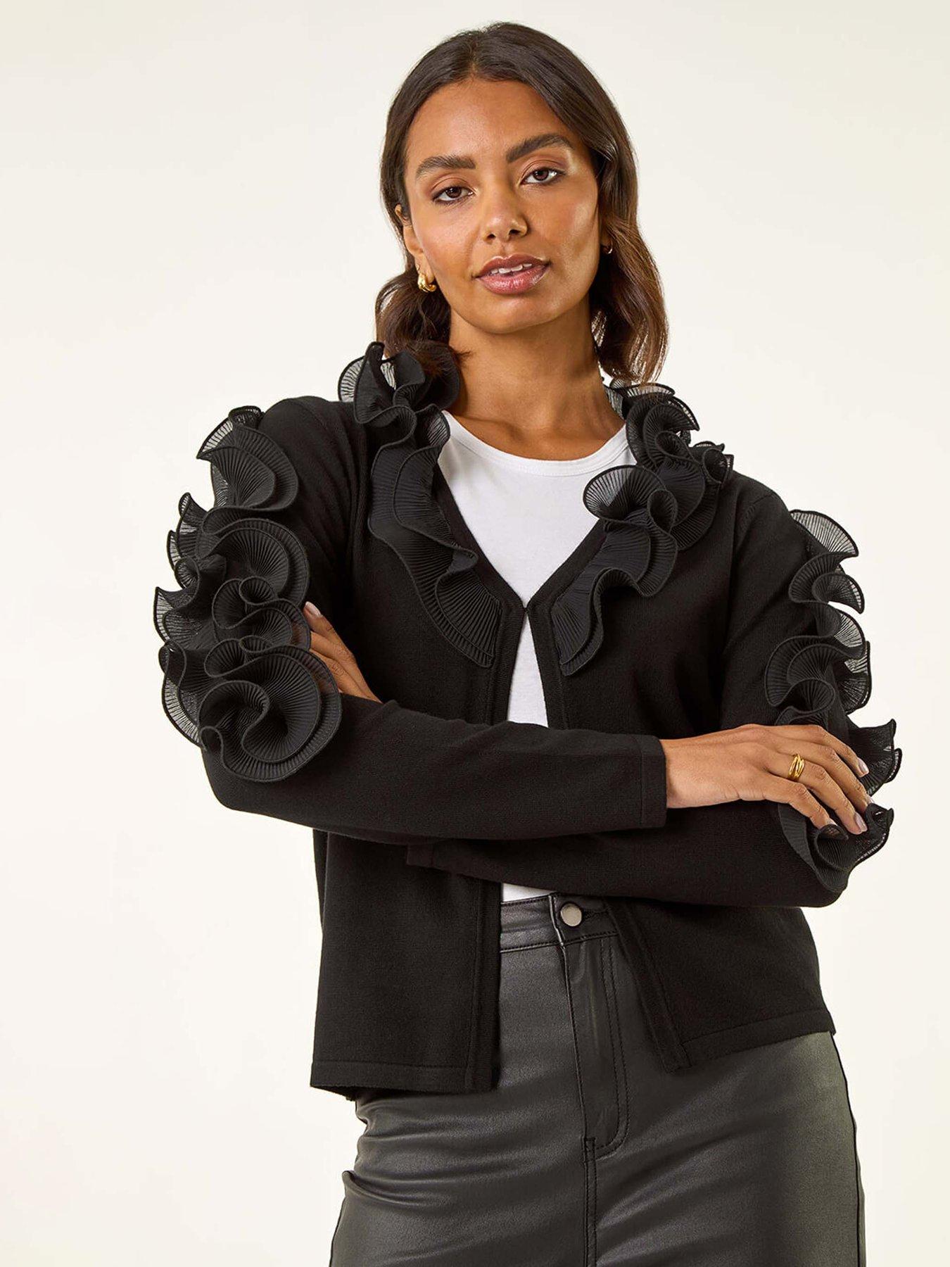 Roman Ruffle Contrast Knit Cardigan - Black