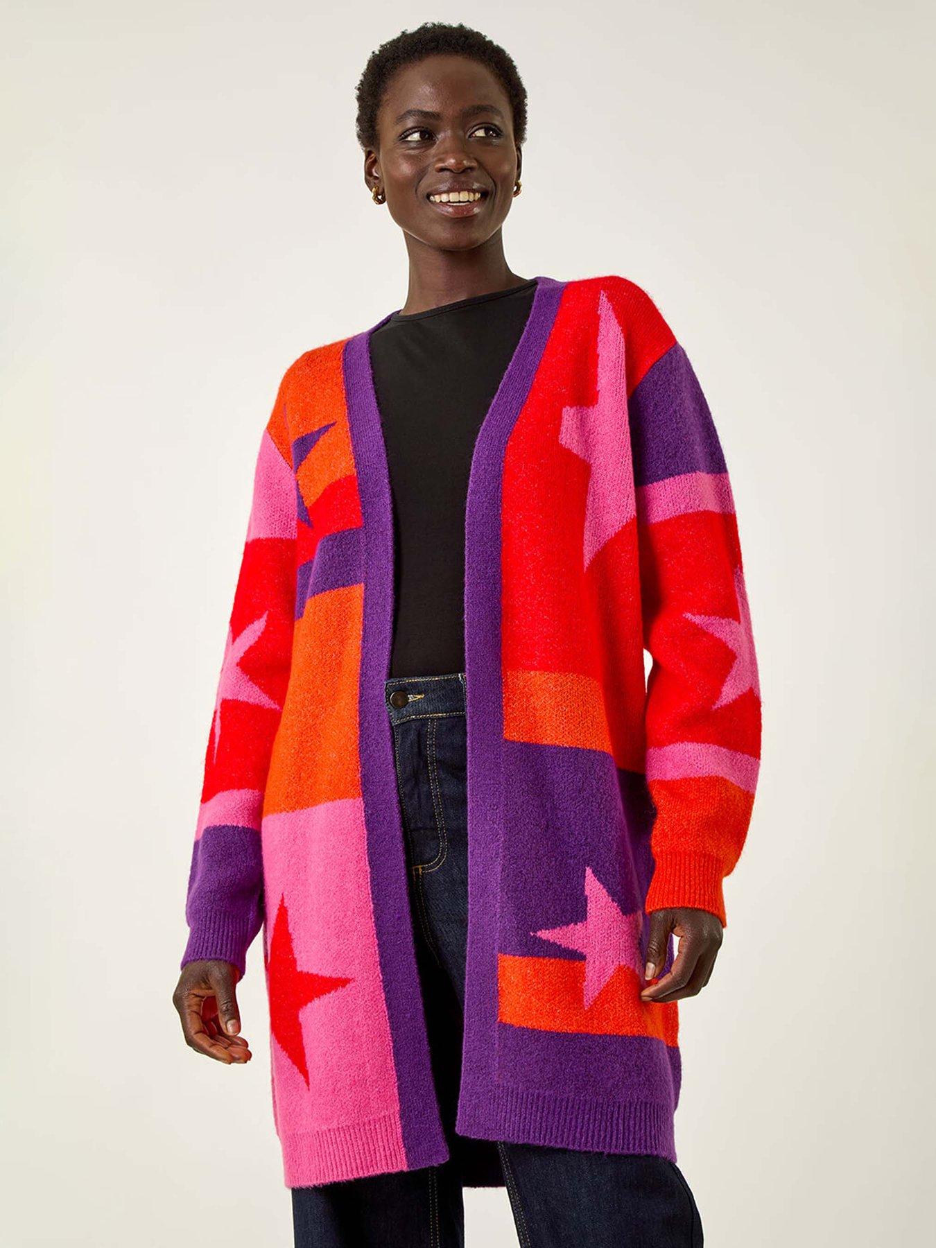 Roman Star Print Longline Stretch Cardigan - Purple