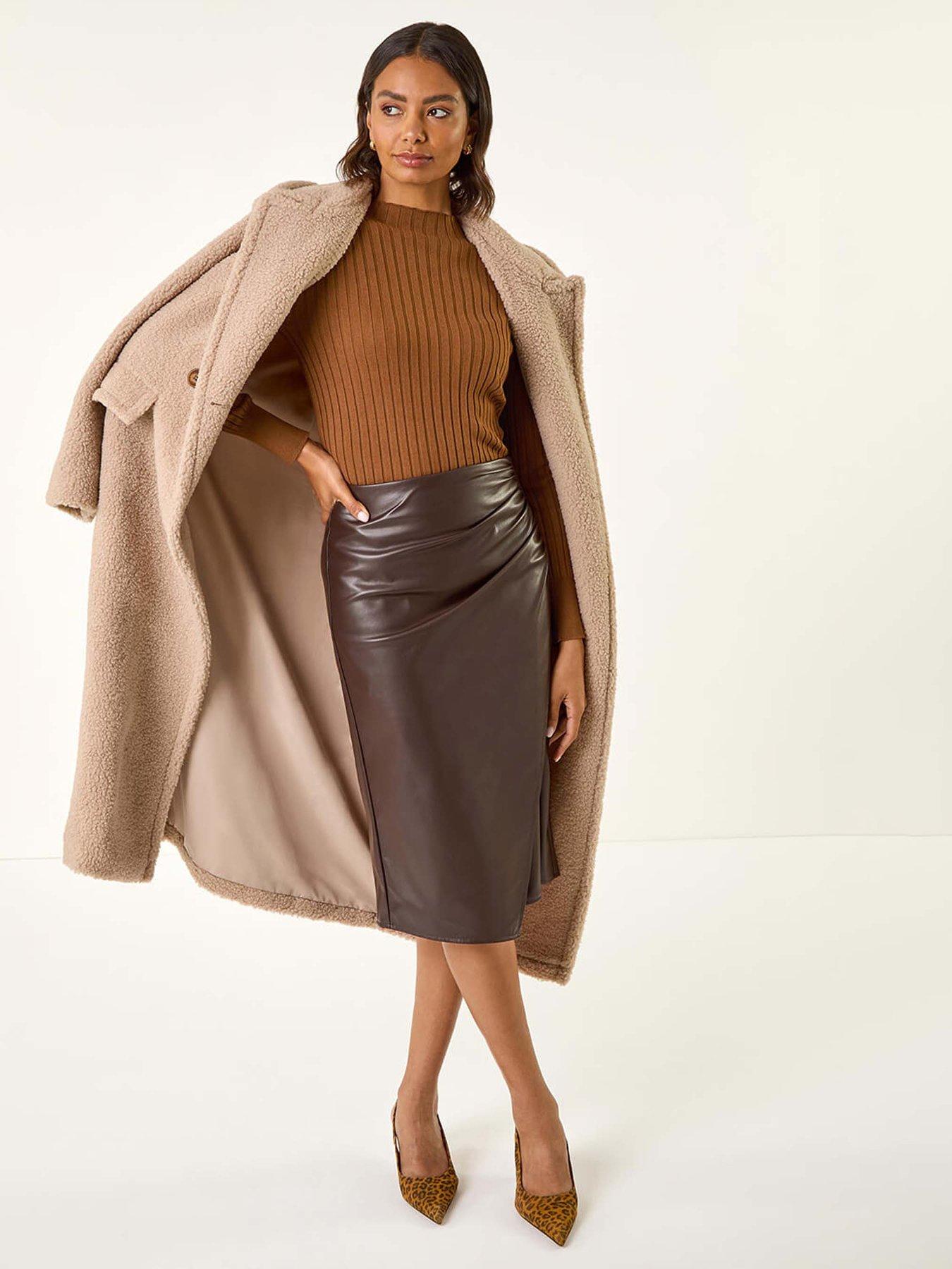 Image 4 of 5 of Roman Faux Leather Ruched Wrap Skirt - Brown