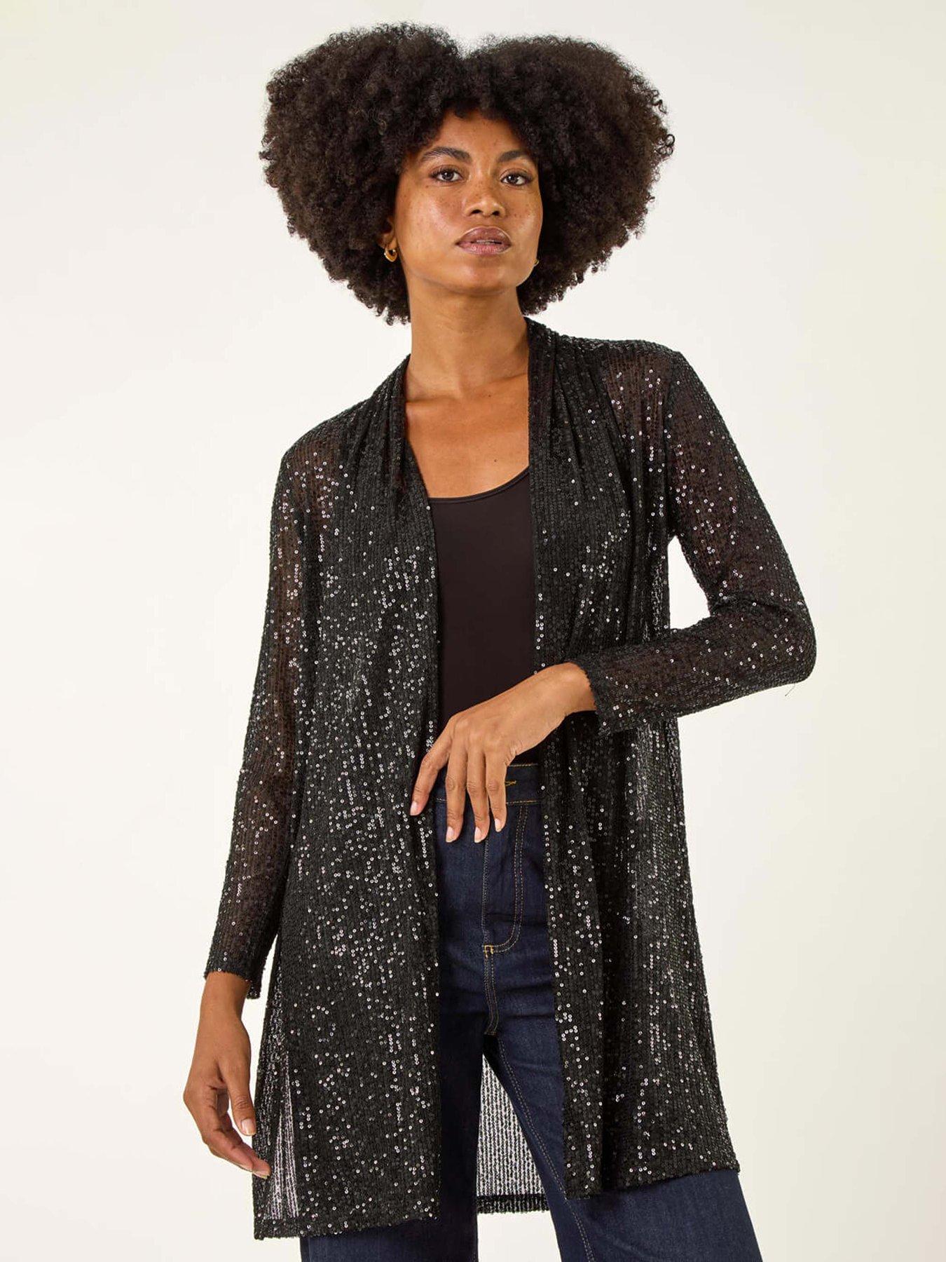 Roman Sequin Longline Kimono - Black