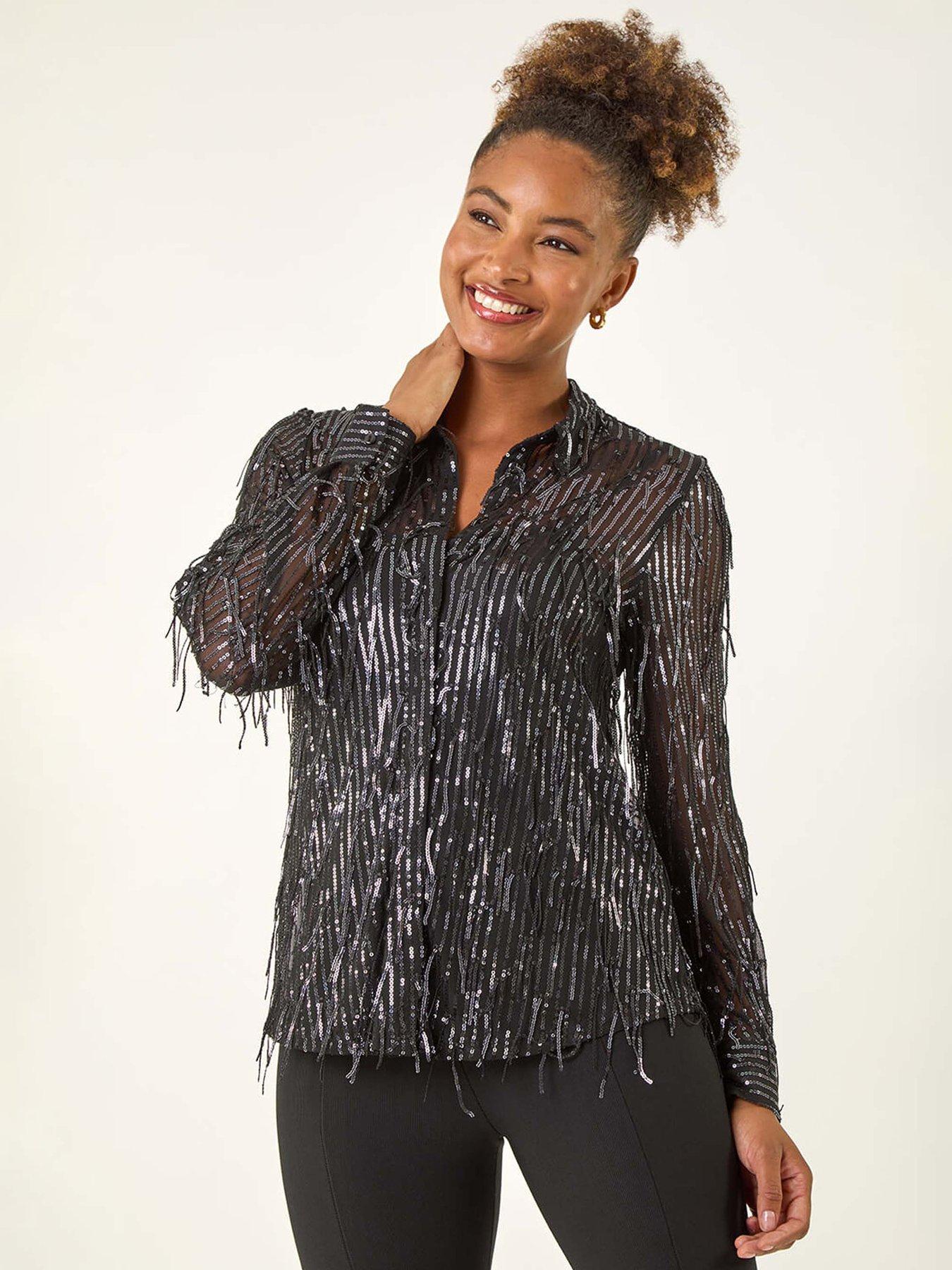 undefined Sequin Tassel Stretch Shirt - Grey