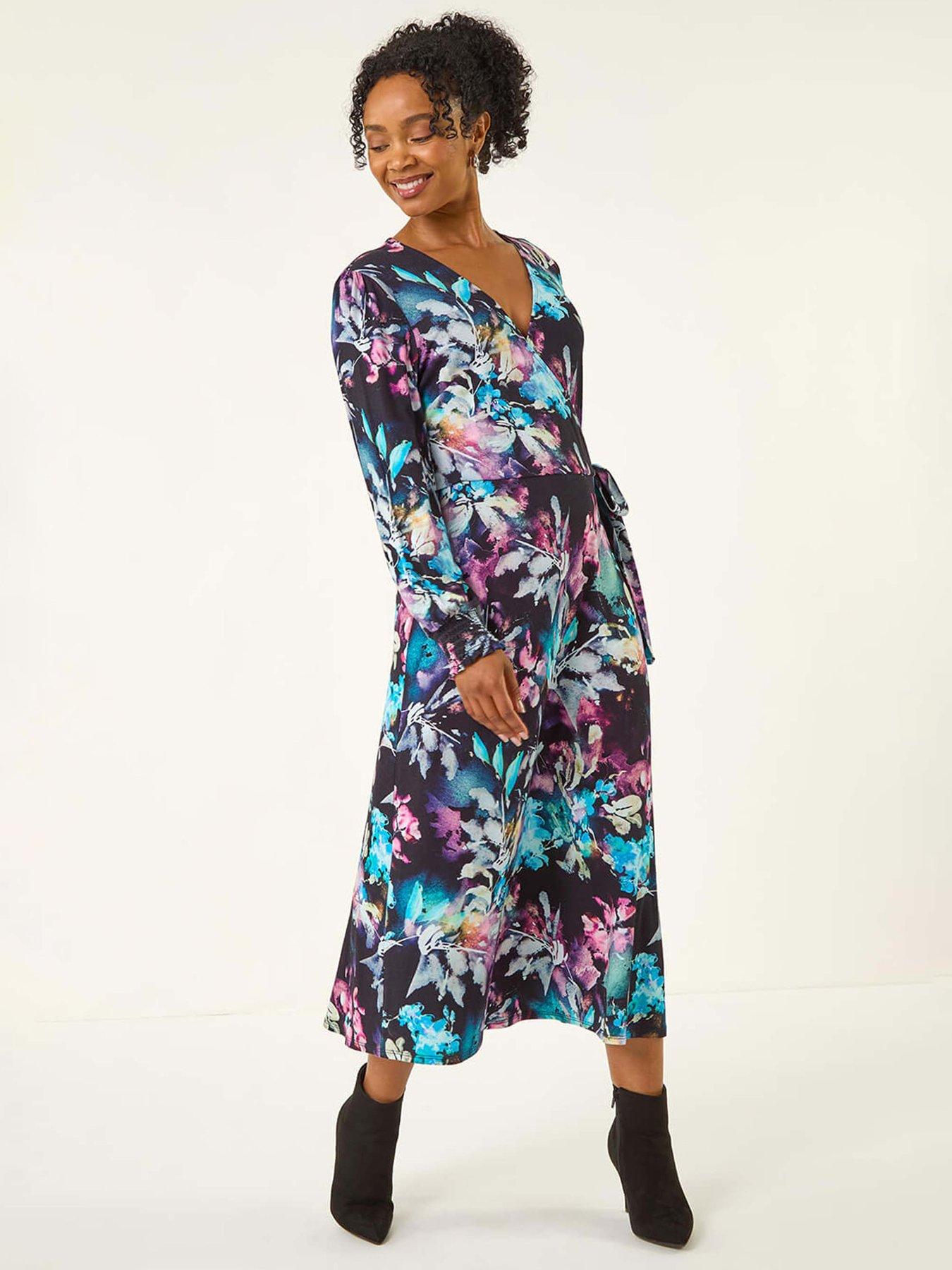 Image 1 of 5 of Roman Petite Abstract Stretch Midi Dress - Navy