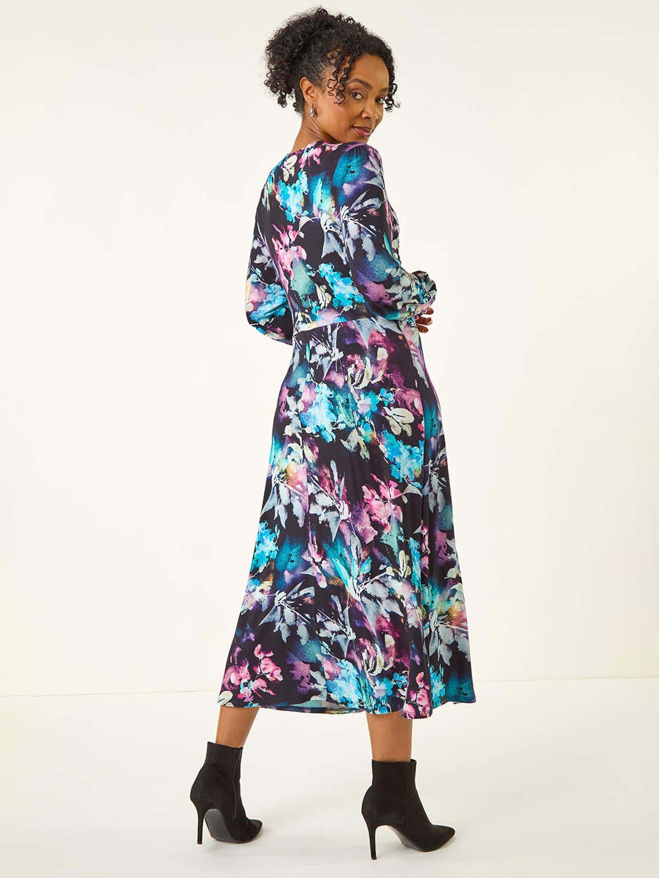 Image 2 of 5 of Roman Petite Abstract Stretch Midi Dress - Navy