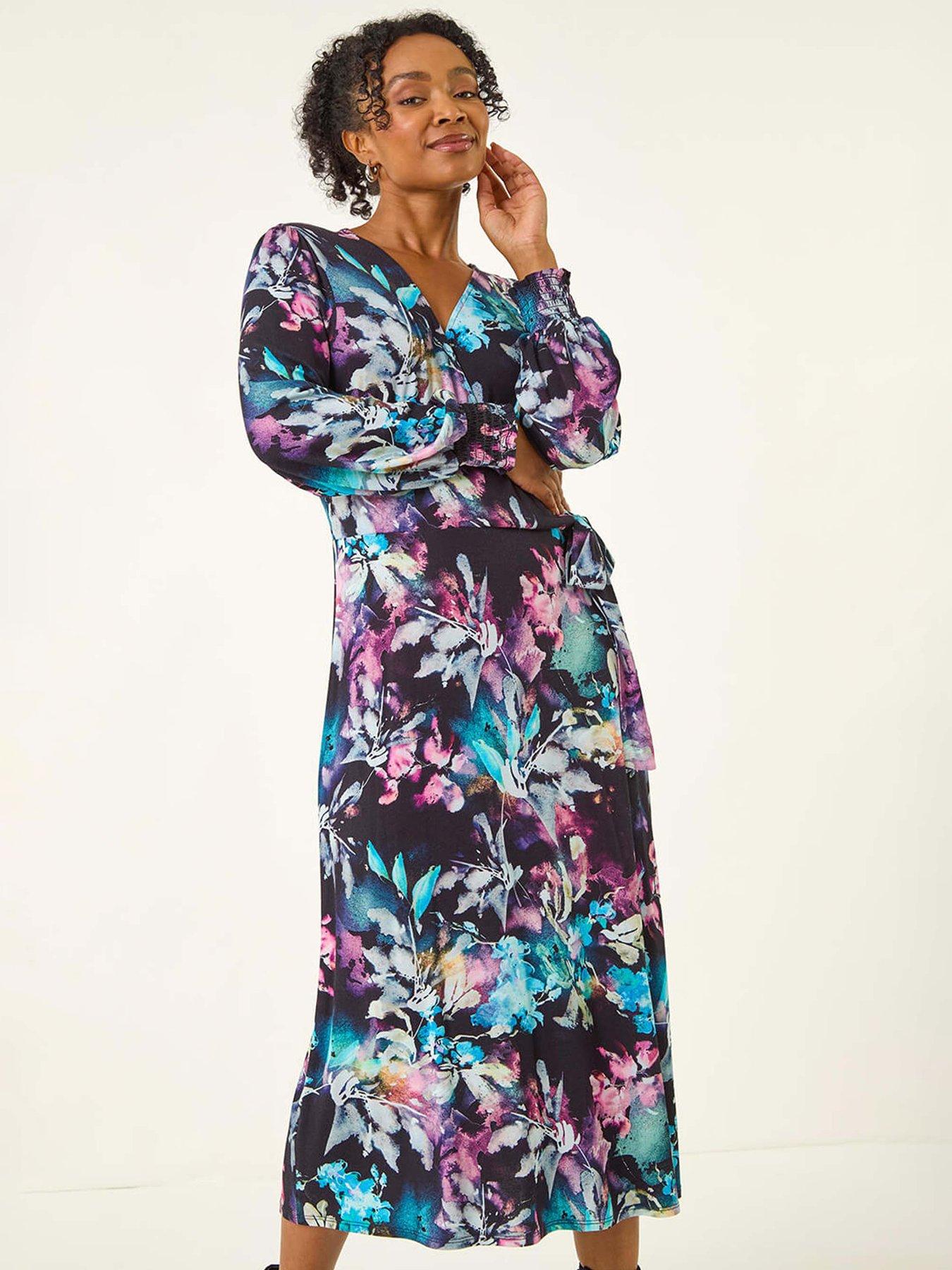 Image 3 of 5 of Roman Petite Abstract Stretch Midi Dress - Navy