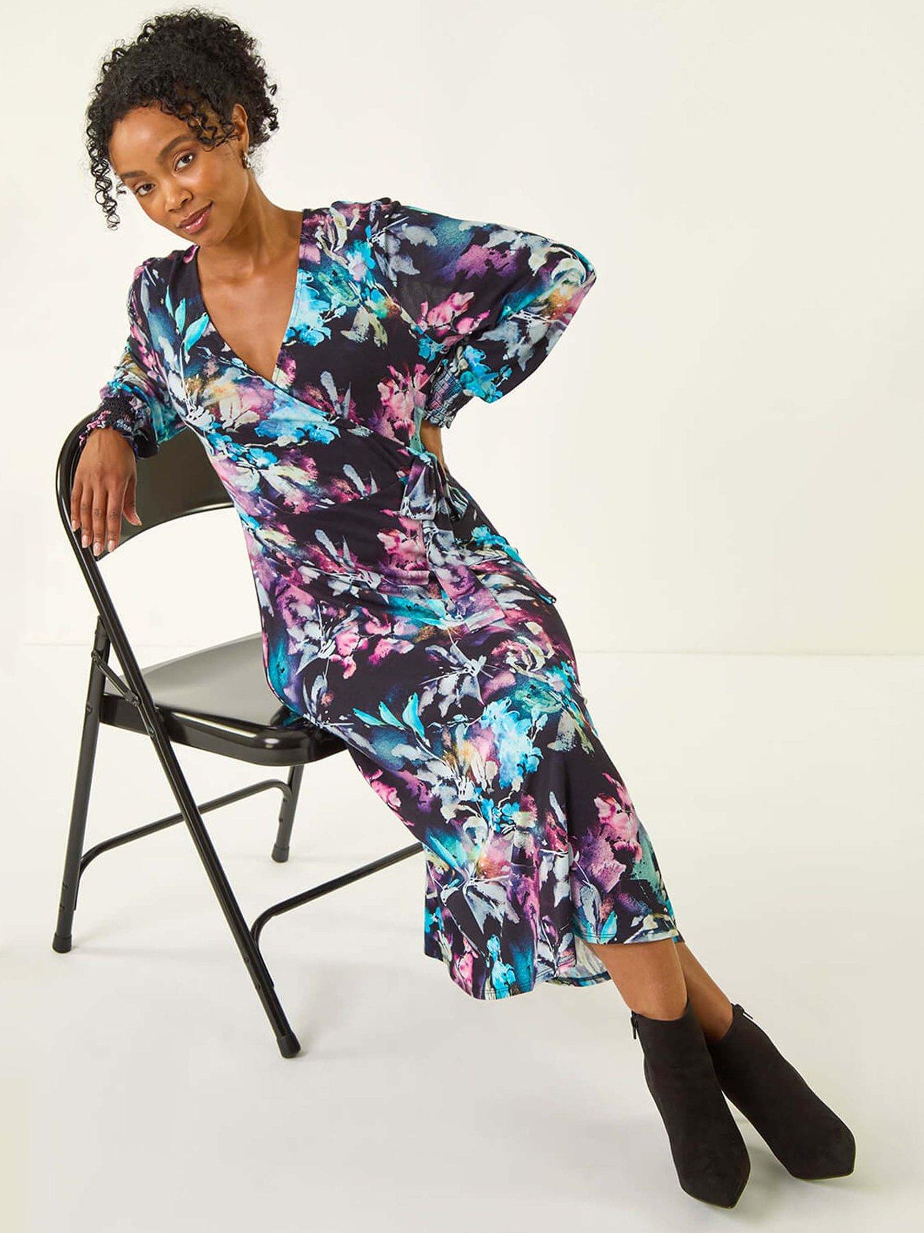 Image 4 of 5 of Roman Petite Abstract Stretch Midi Dress - Navy