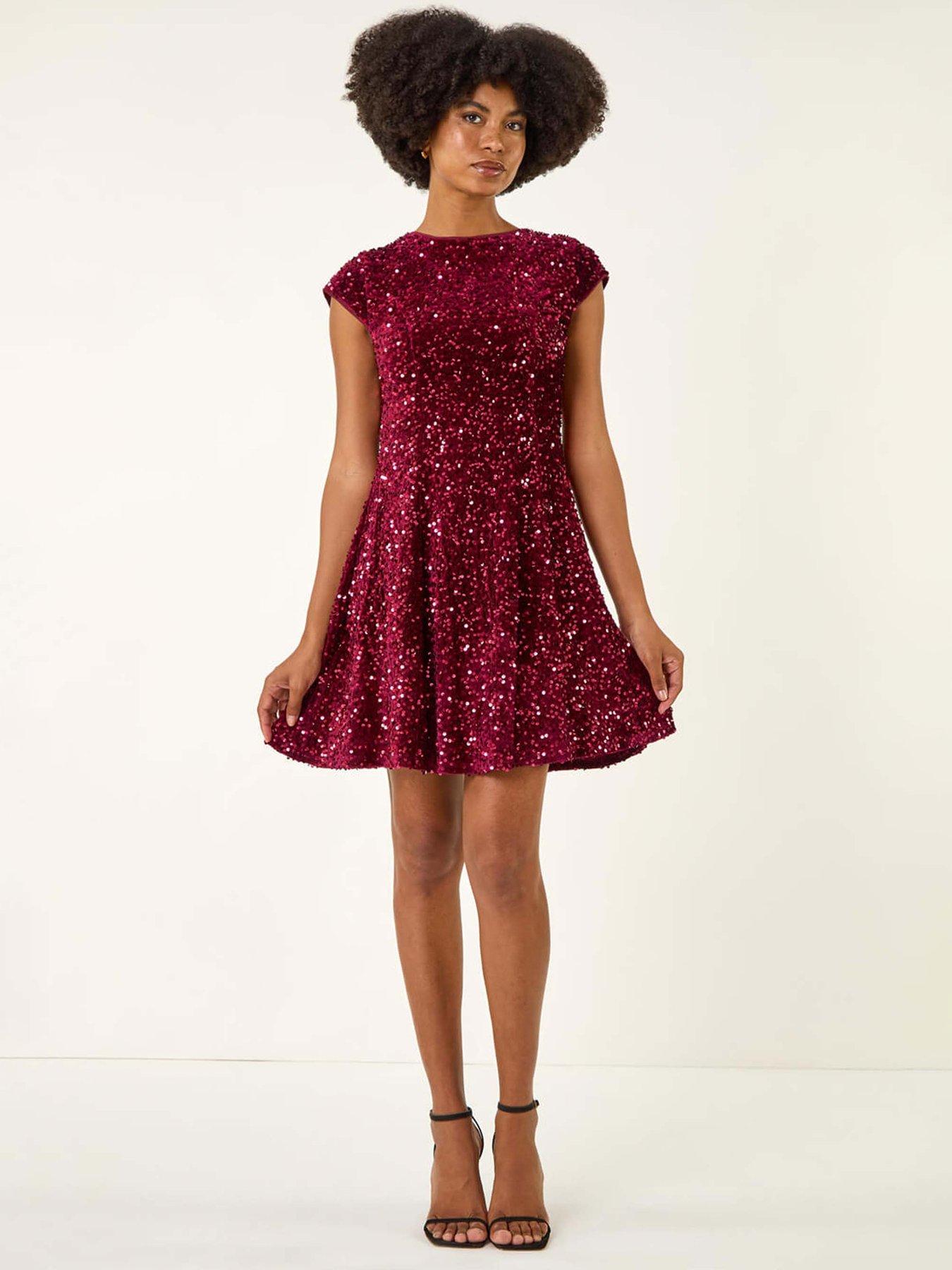 Roman Sequin Bow Back Flare Dress - Red