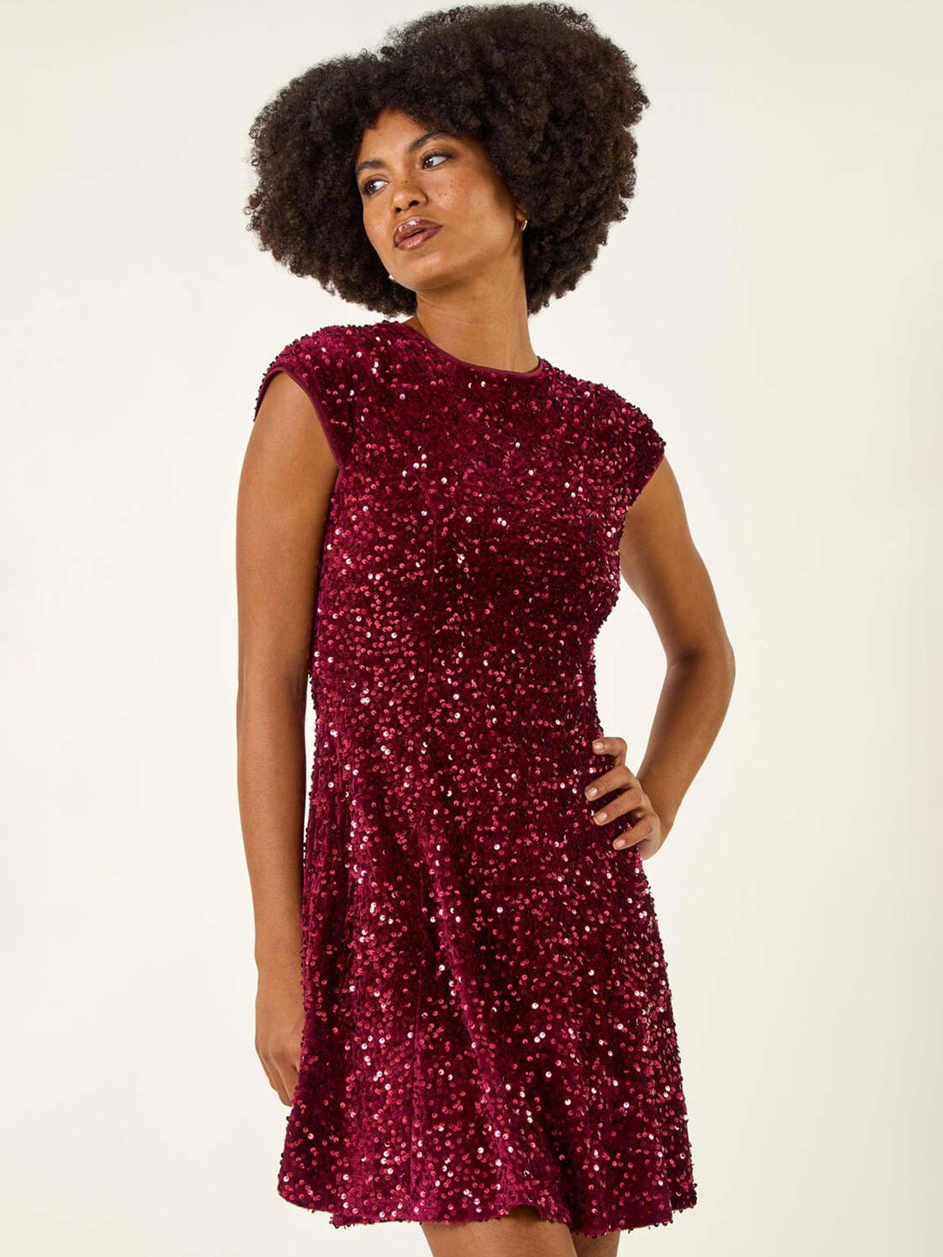 Image 3 of 5 of Roman Sequin Bow Back Flare Dress - Red