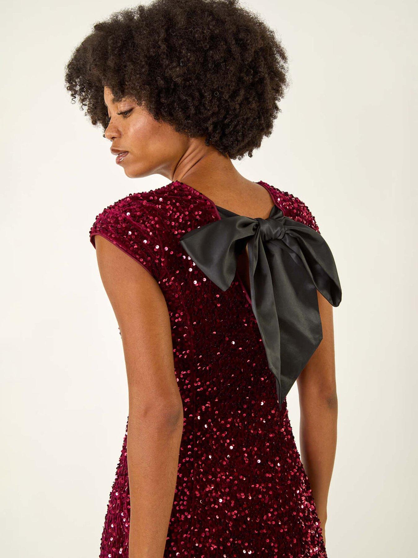 Image 4 of 5 of Roman Sequin Bow Back Flare Dress - Red