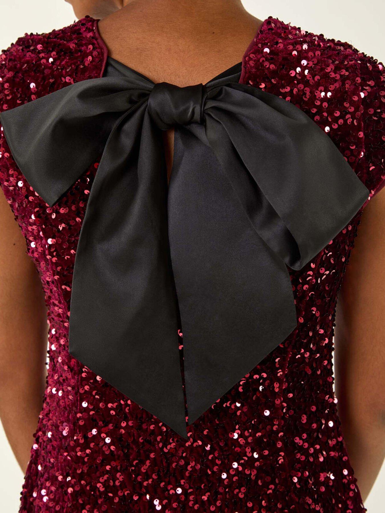 Image 5 of 5 of Roman Sequin Bow Back Flare Dress - Red