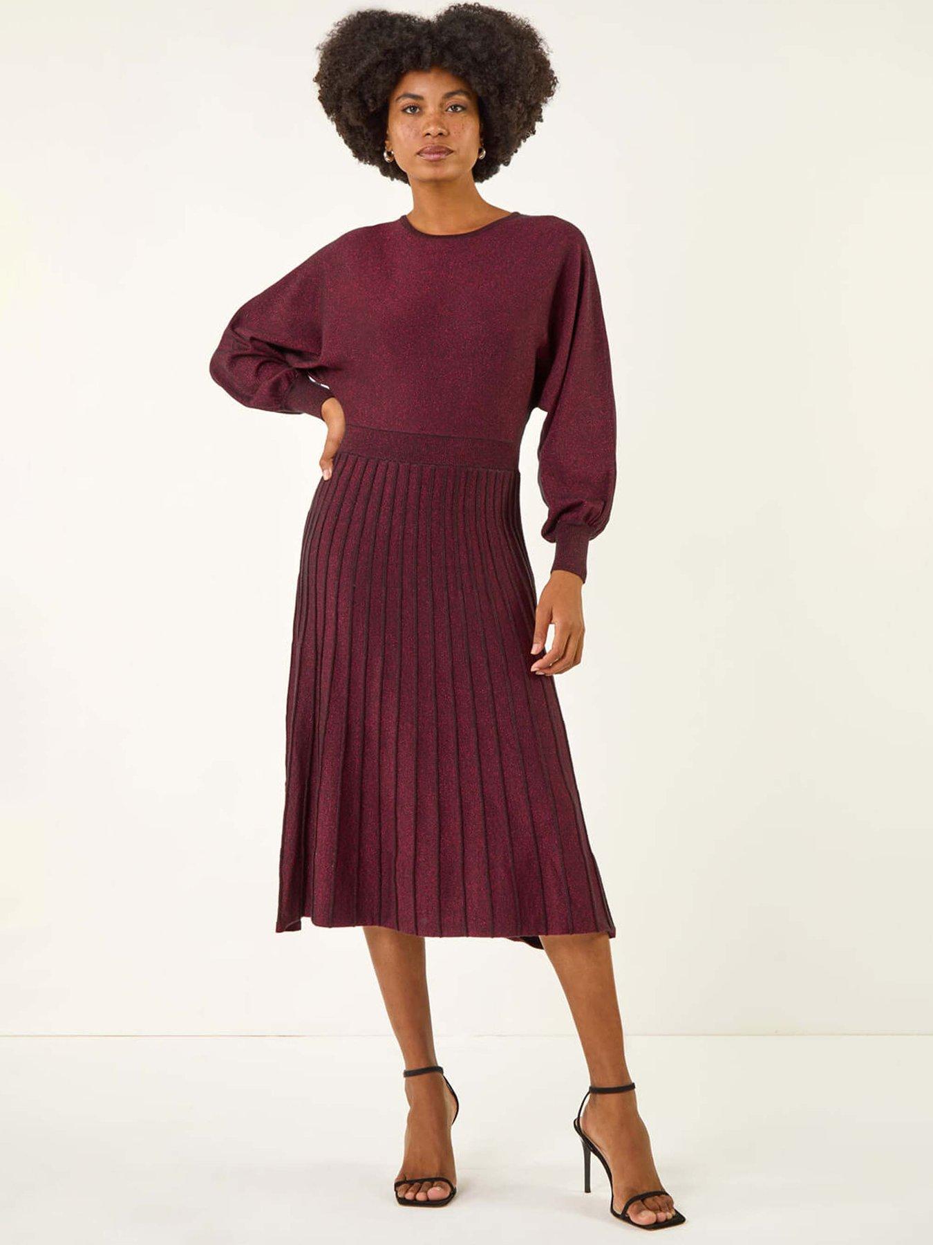 Roman Shimmer Pleated Knit Midi Dress - Red