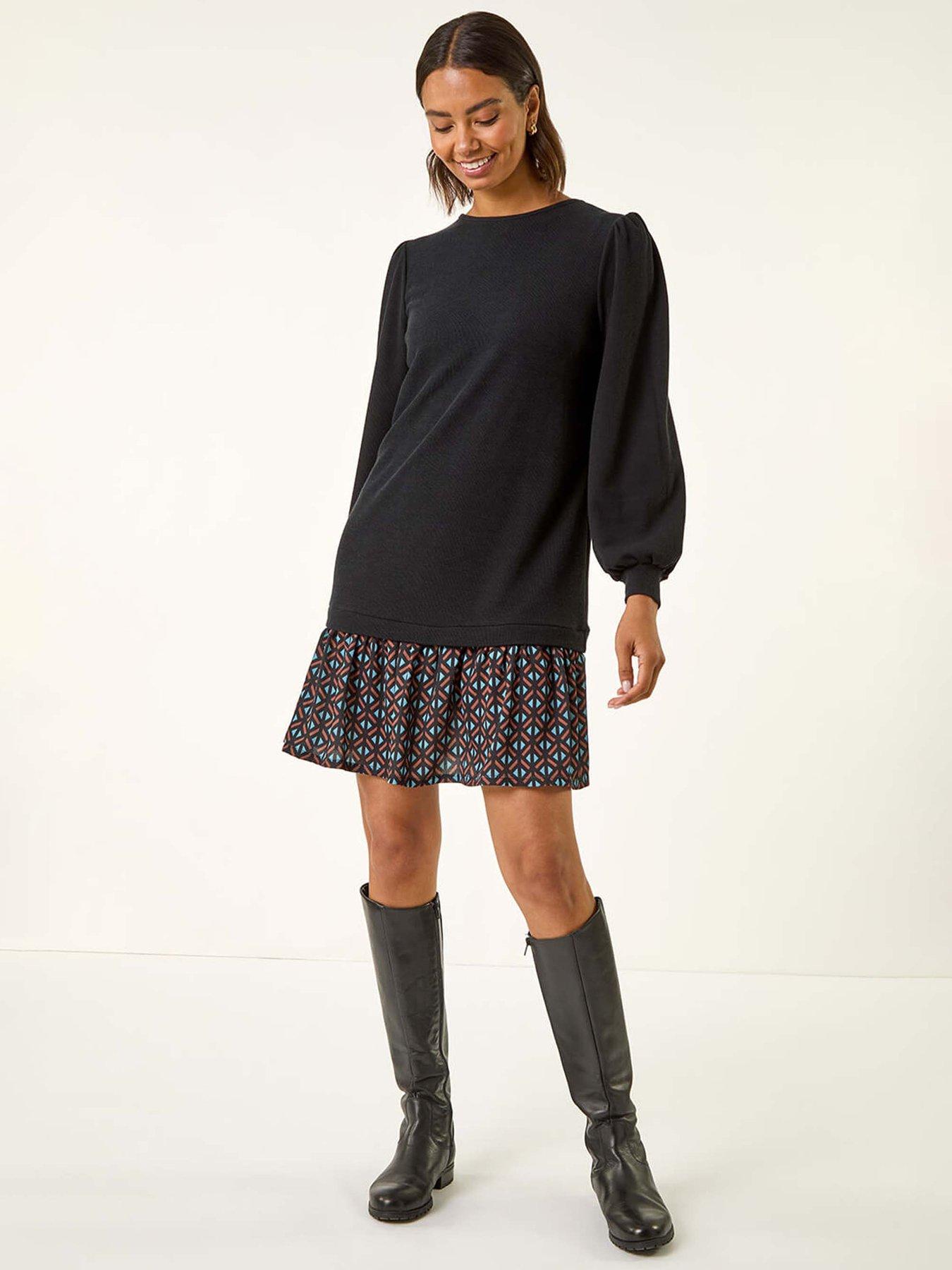 Roman Geometric Mix Print Mini Dress - Black