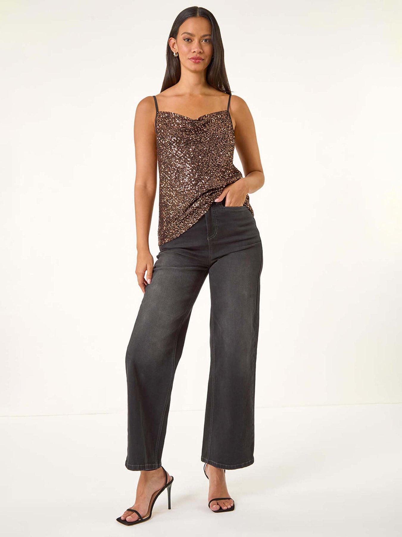  image of roman-dusk-cowl-neck-sequin-cami-top-brown