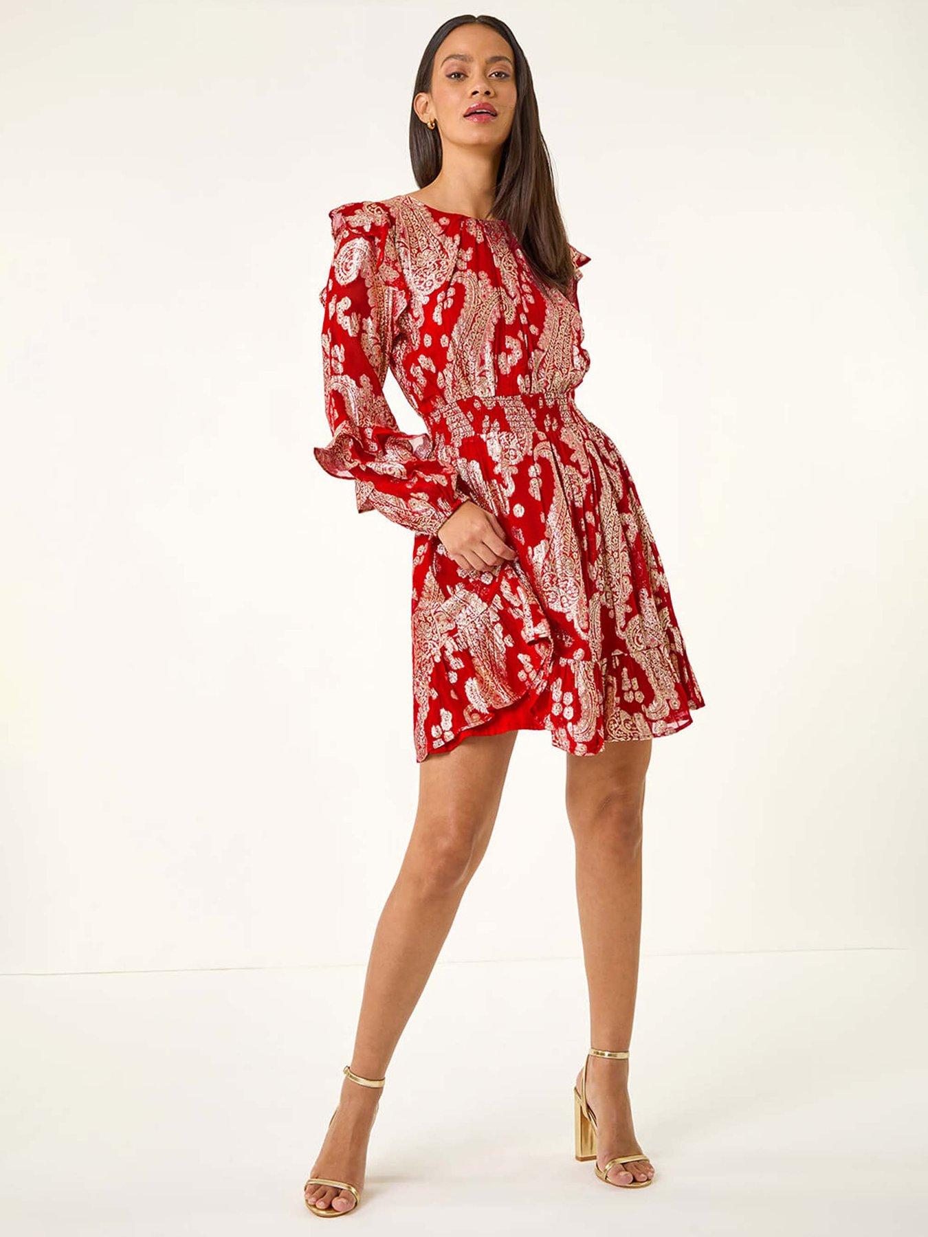  image of roman-dusk-floral-foil-paisley-dress-red