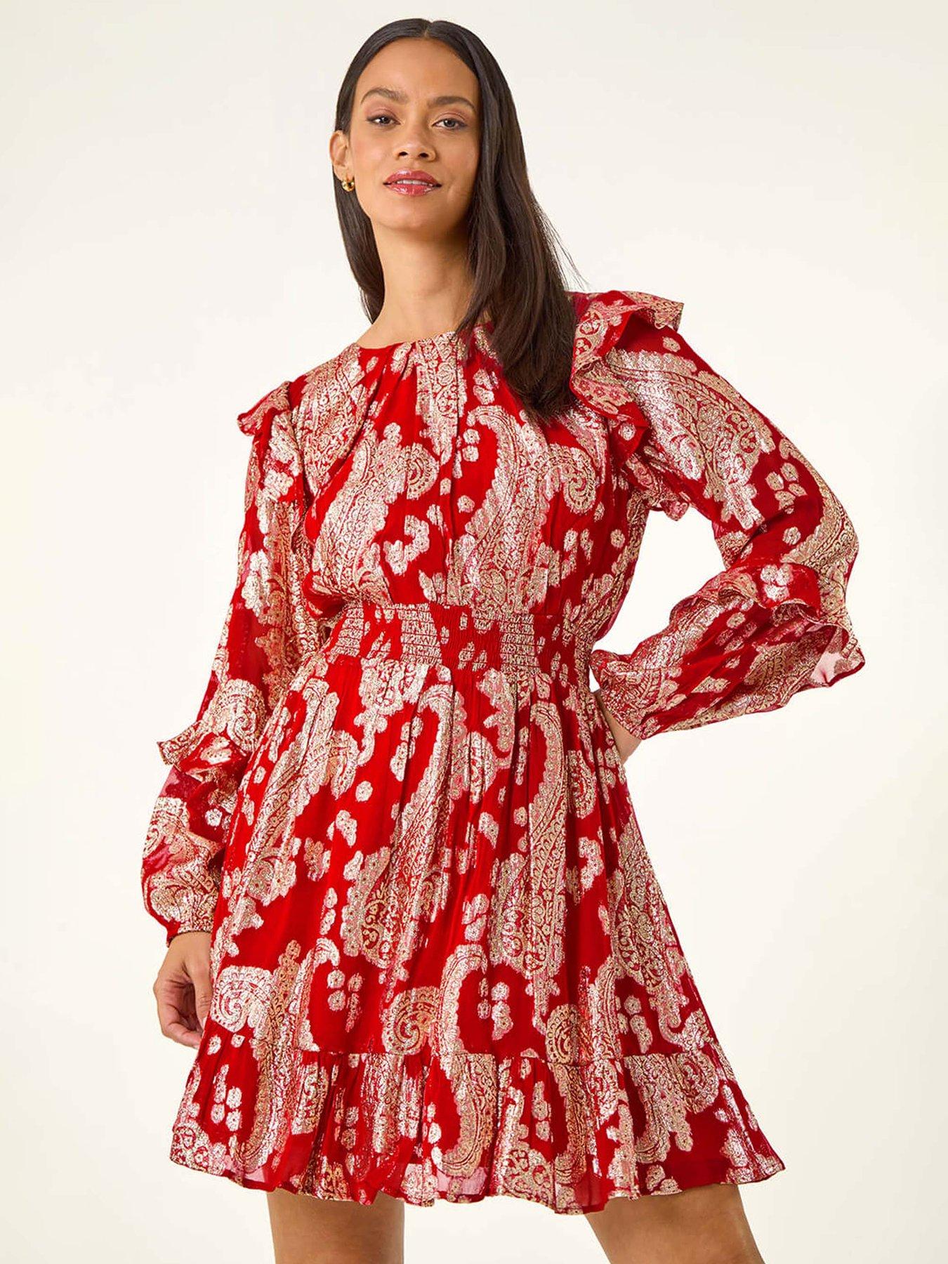  image of roman-dusk-floral-foil-paisley-dress-red