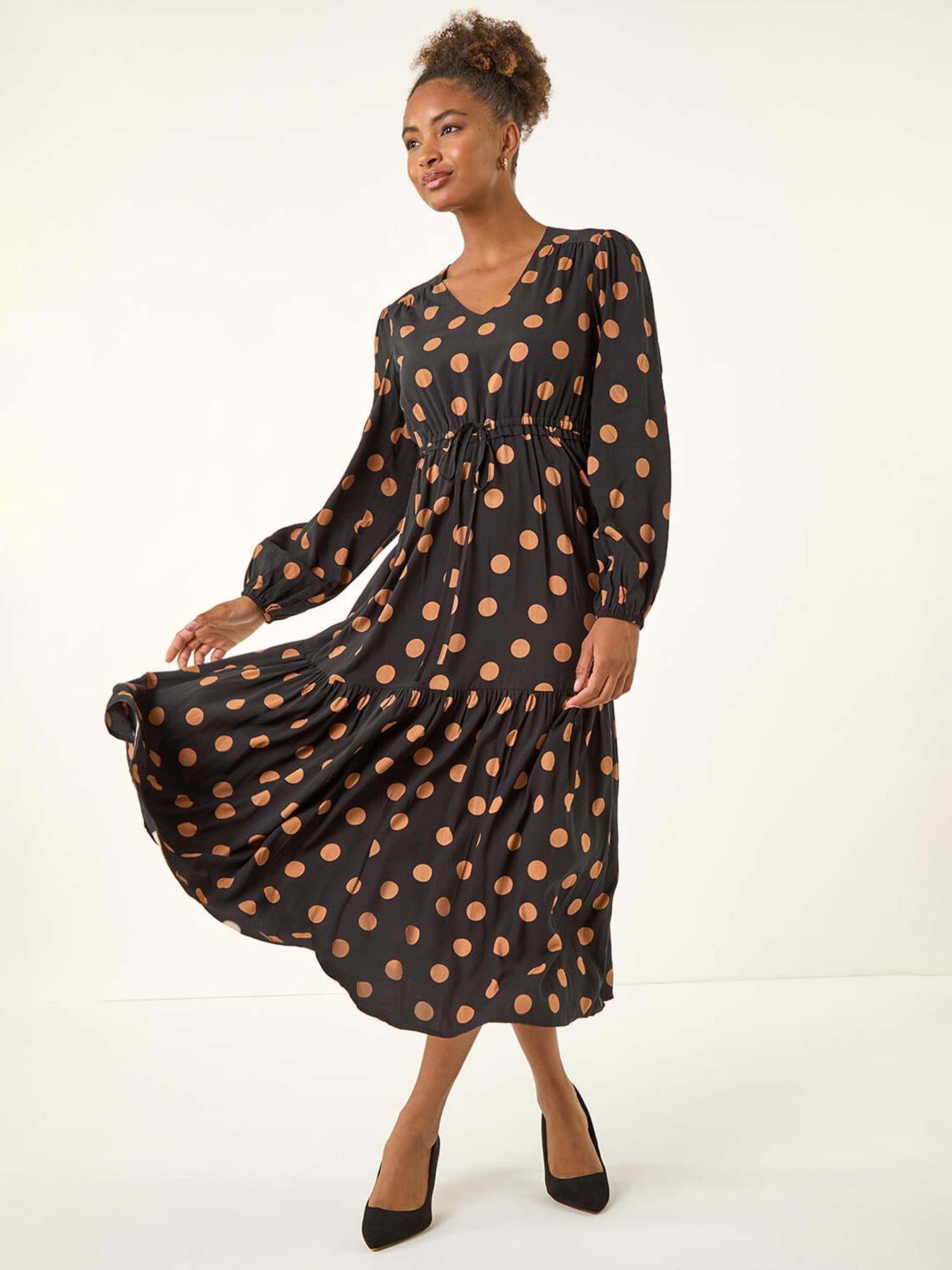 undefined Polka Dot Stretch Midi Dress - Black