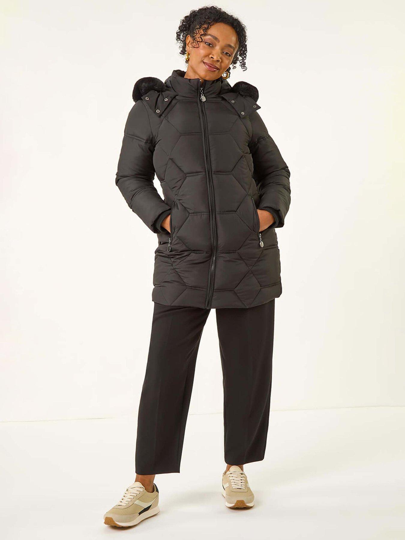 Image 1 of 5 of Roman Petite Hooded Quilted Puffer Coat - Black