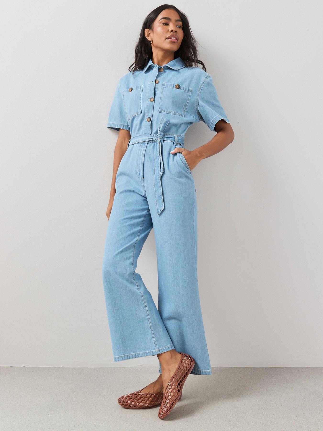 The Very Collection Short Sleeve Denim Jumpsuit - Mid Wash