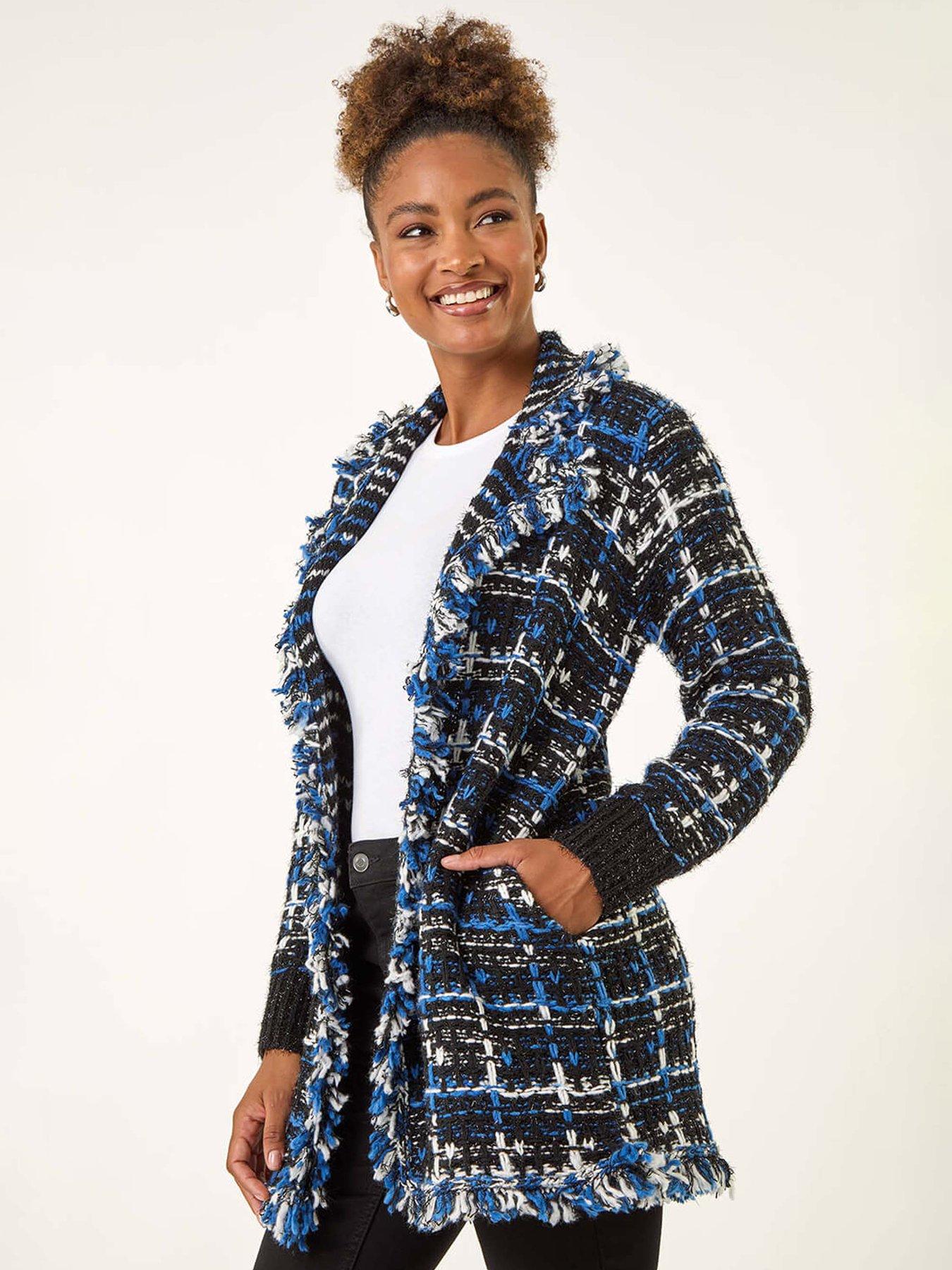 Roman Checkered Fringe Knit Cardigan - Navy