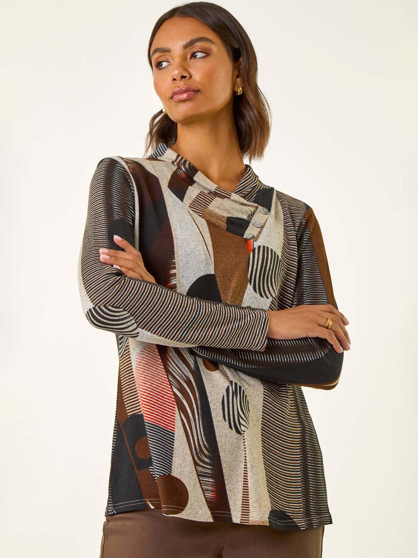 Image 1 of 5 of Roman Abstract Print Snit Top - Brown