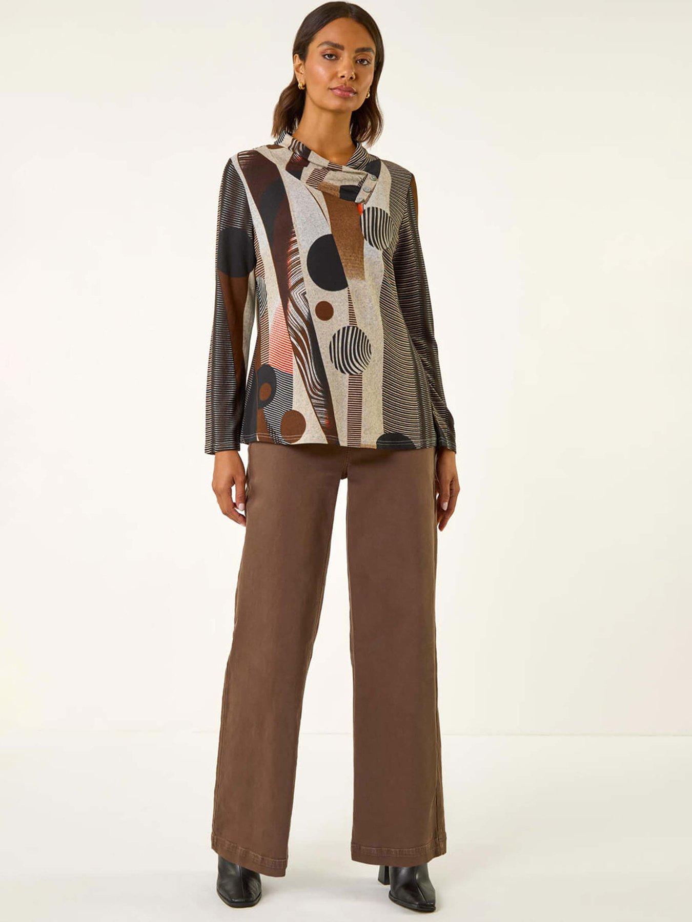 Image 3 of 5 of Roman Abstract Print Snit Top - Brown
