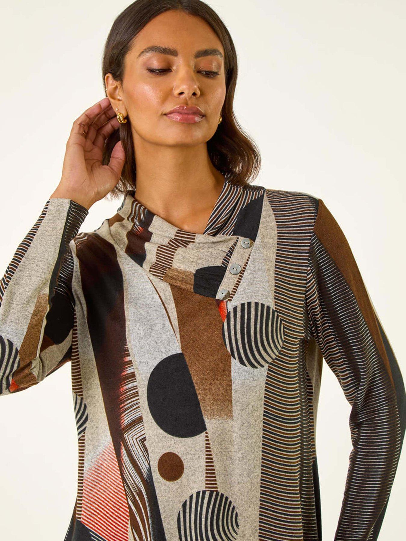 Image 4 of 5 of Roman Abstract Print Snit Top - Brown