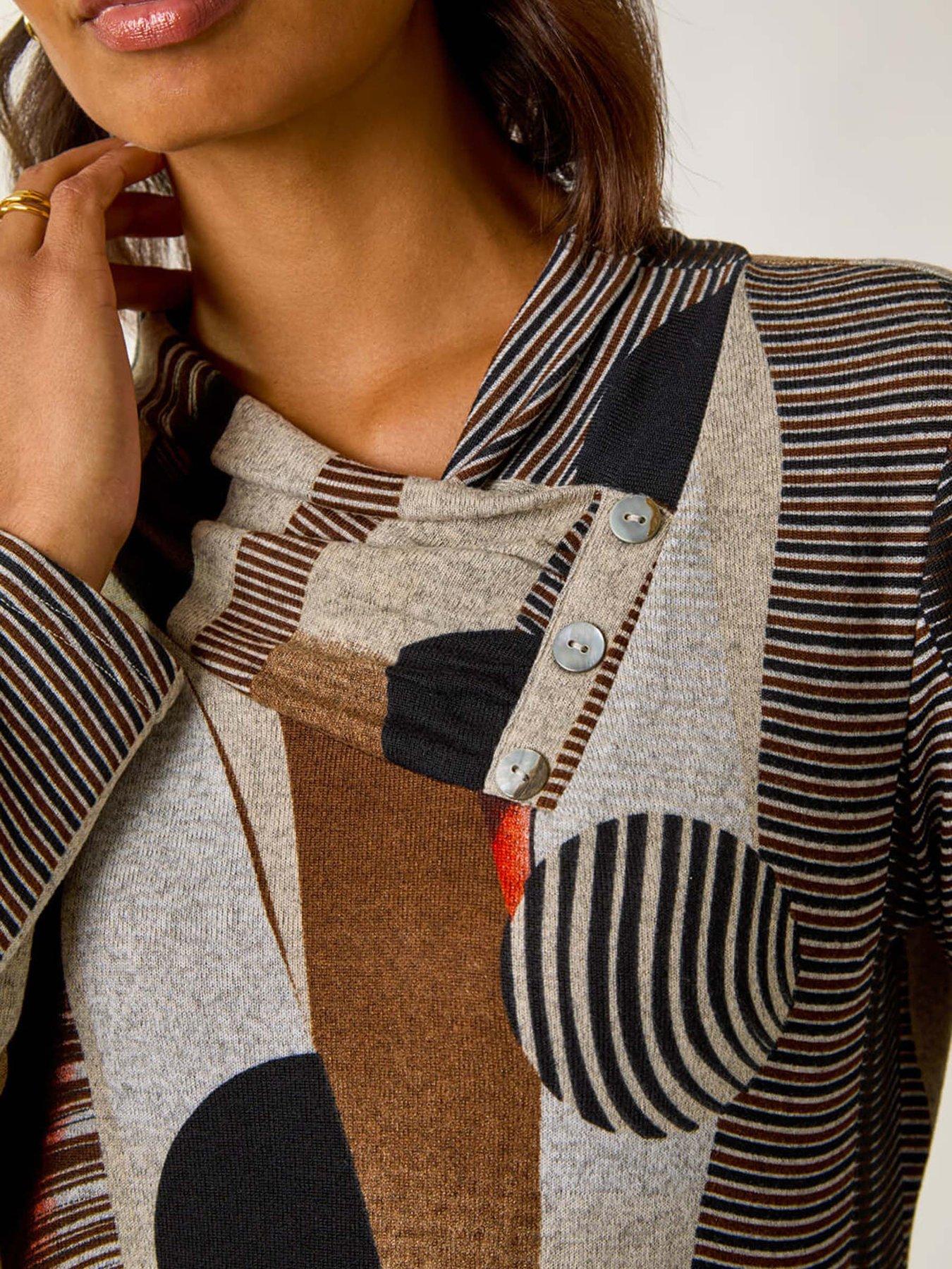 Image 5 of 5 of Roman Abstract Print Snit Top - Brown