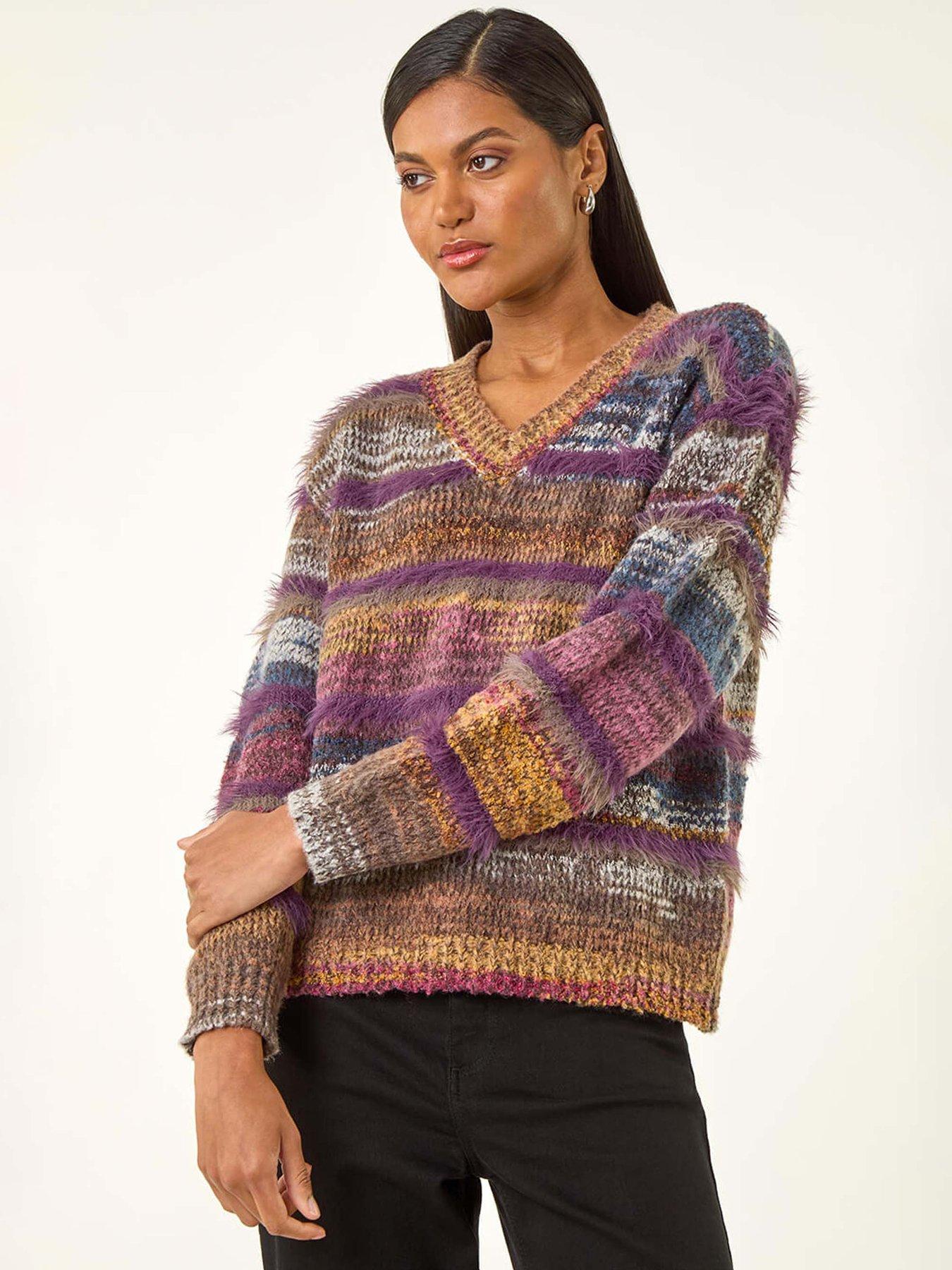 undefined Textured Stripe V-neck Knit Jumper - Purple