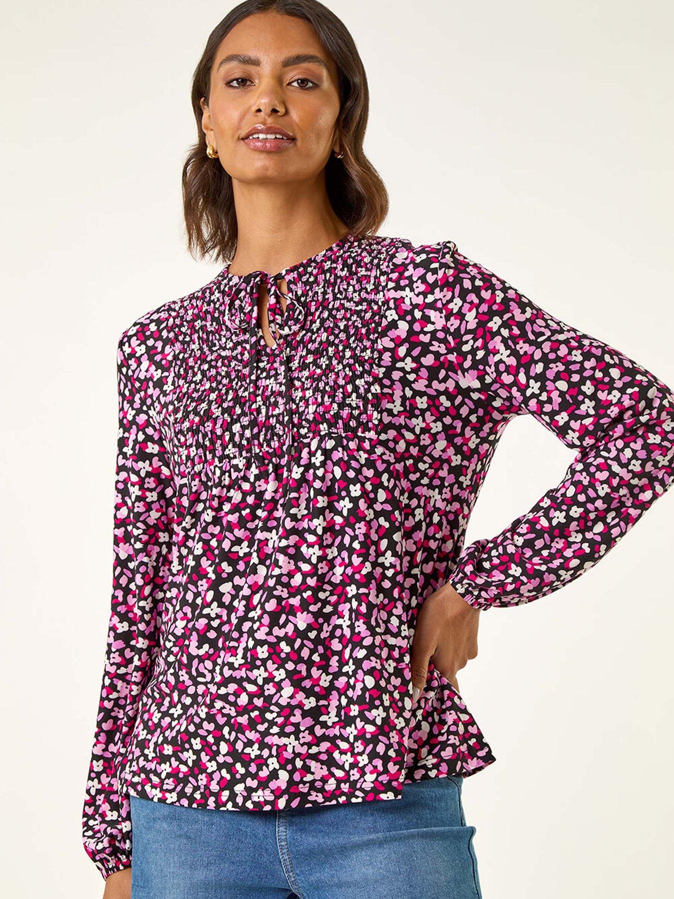 Roman Printed Shirred Tie Neck Top - Pink
