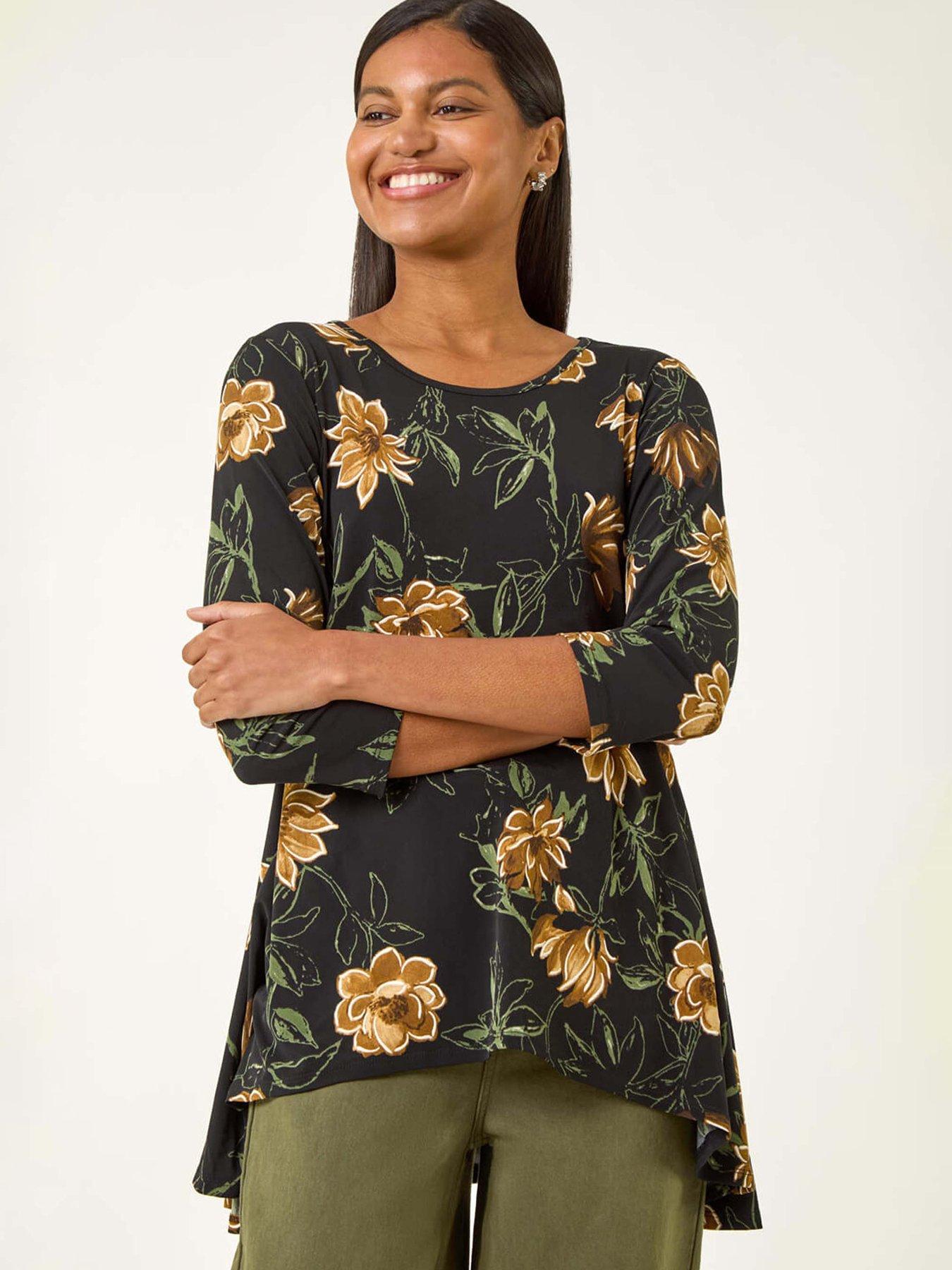 Roman Floral Print Stretch Tunic Top - Yellow