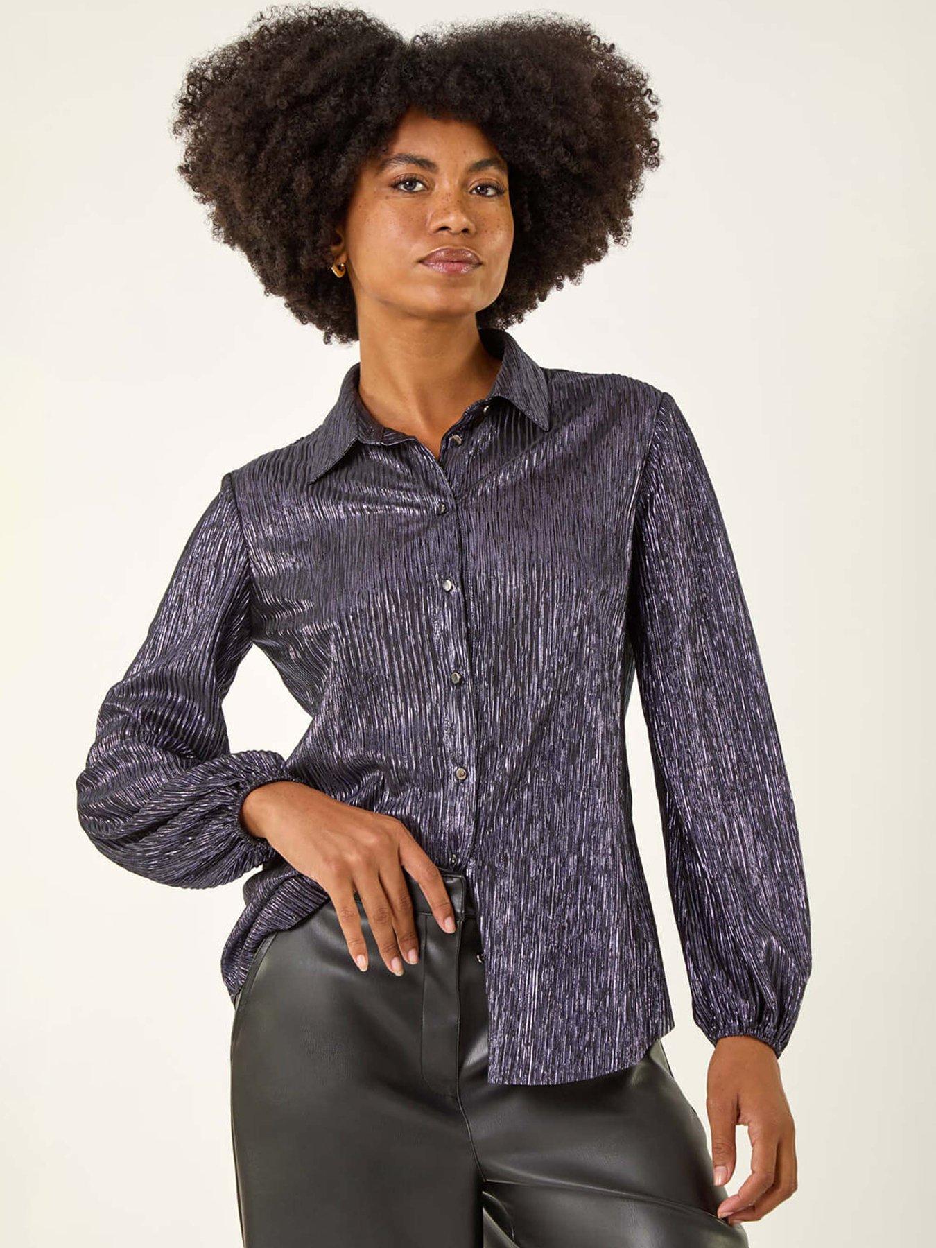 Roman Foil Plisse Button Through Blouse - Blue