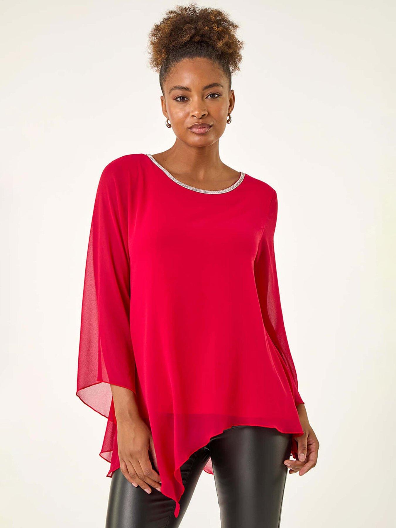 Roman Diamante Asymmetric Chiffon Top - Red