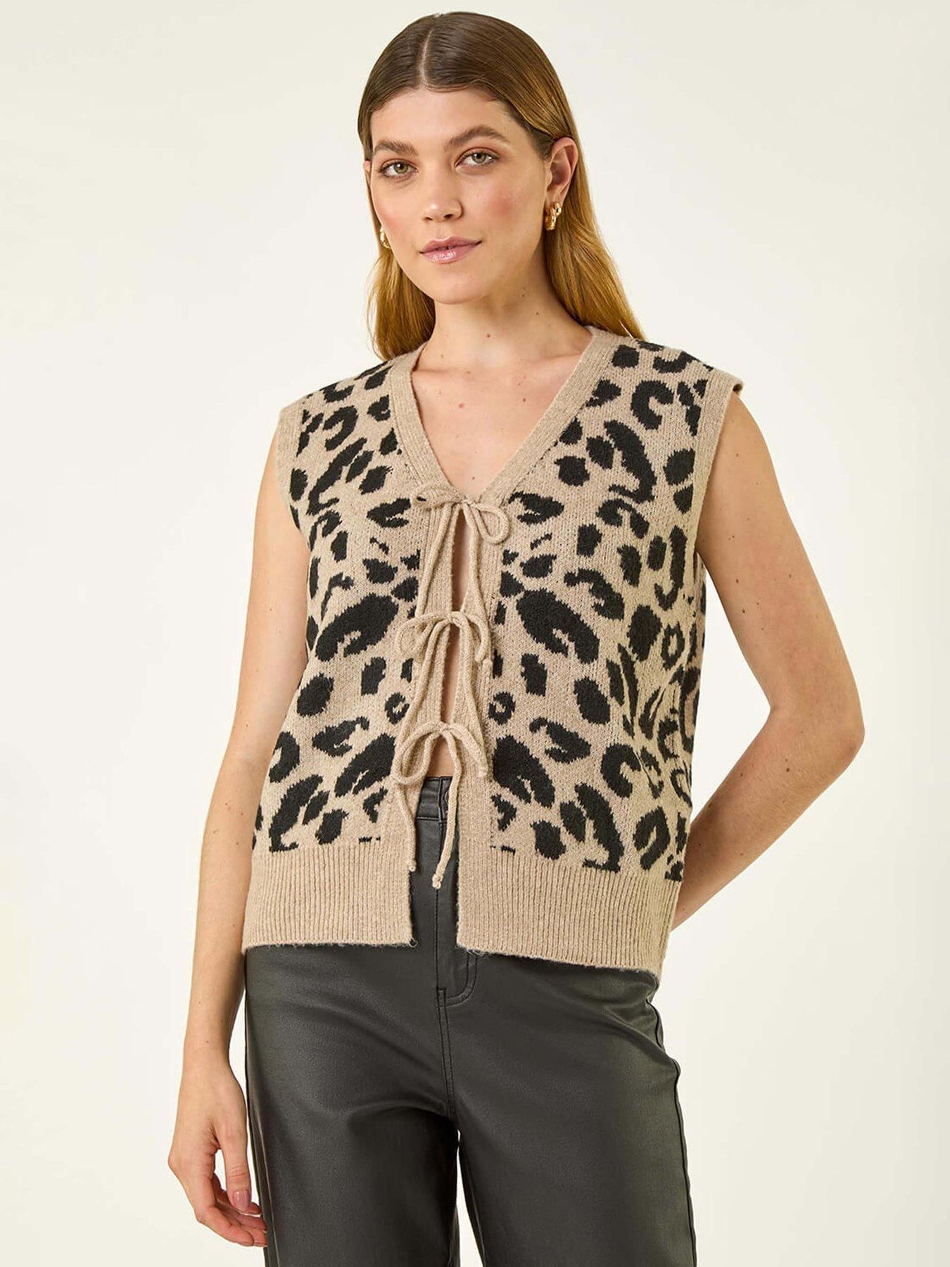 Roman Animal Print Tie Front Knit Top - Brown
